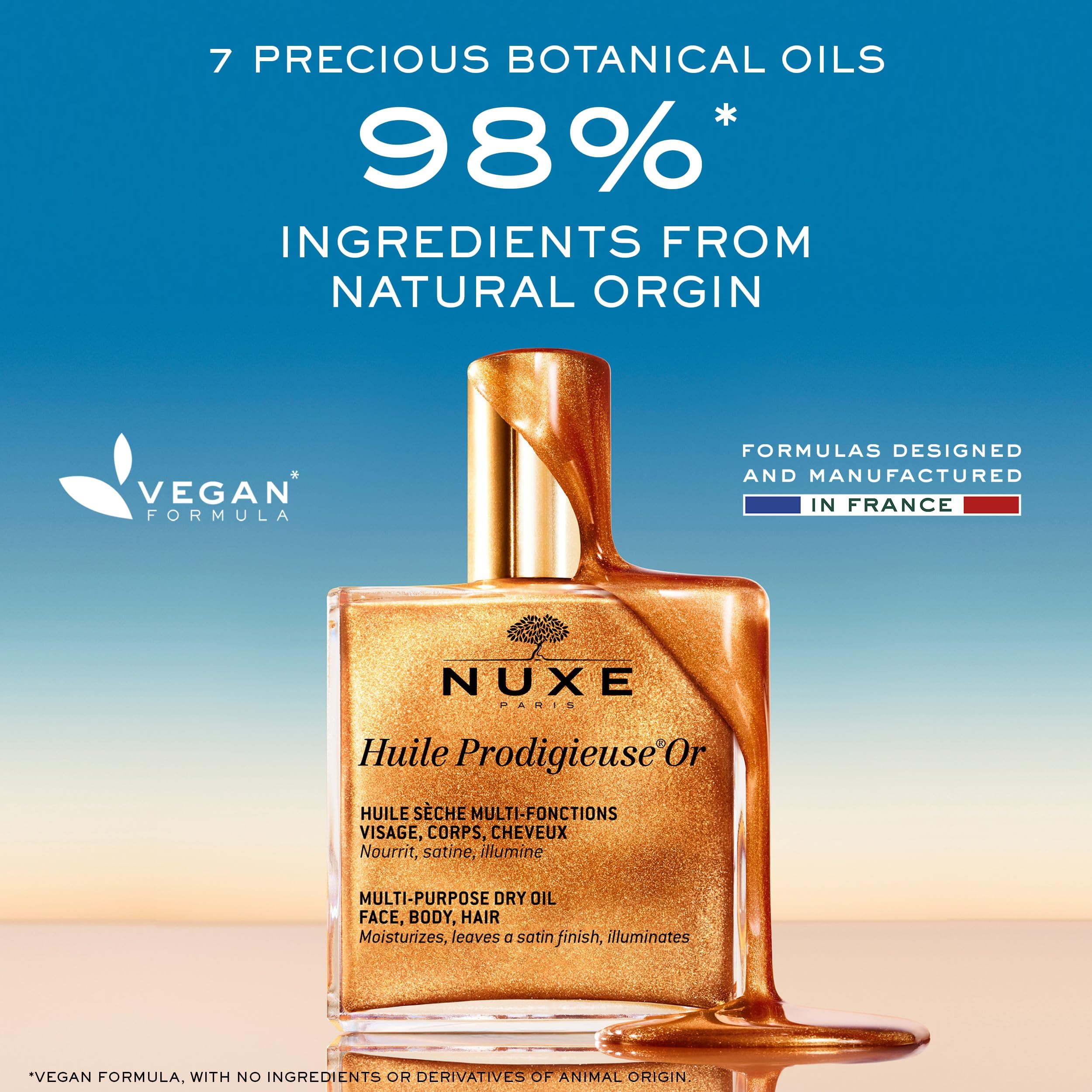 NUXE Huile Prodigieuse Shimmer Multi-Purpose Dry Oil - Face, Body & Hair Moisturizer with Golden Shimmer for Radiant Glow | Perfect for Date Night, Beach Vacation & Special Occasions