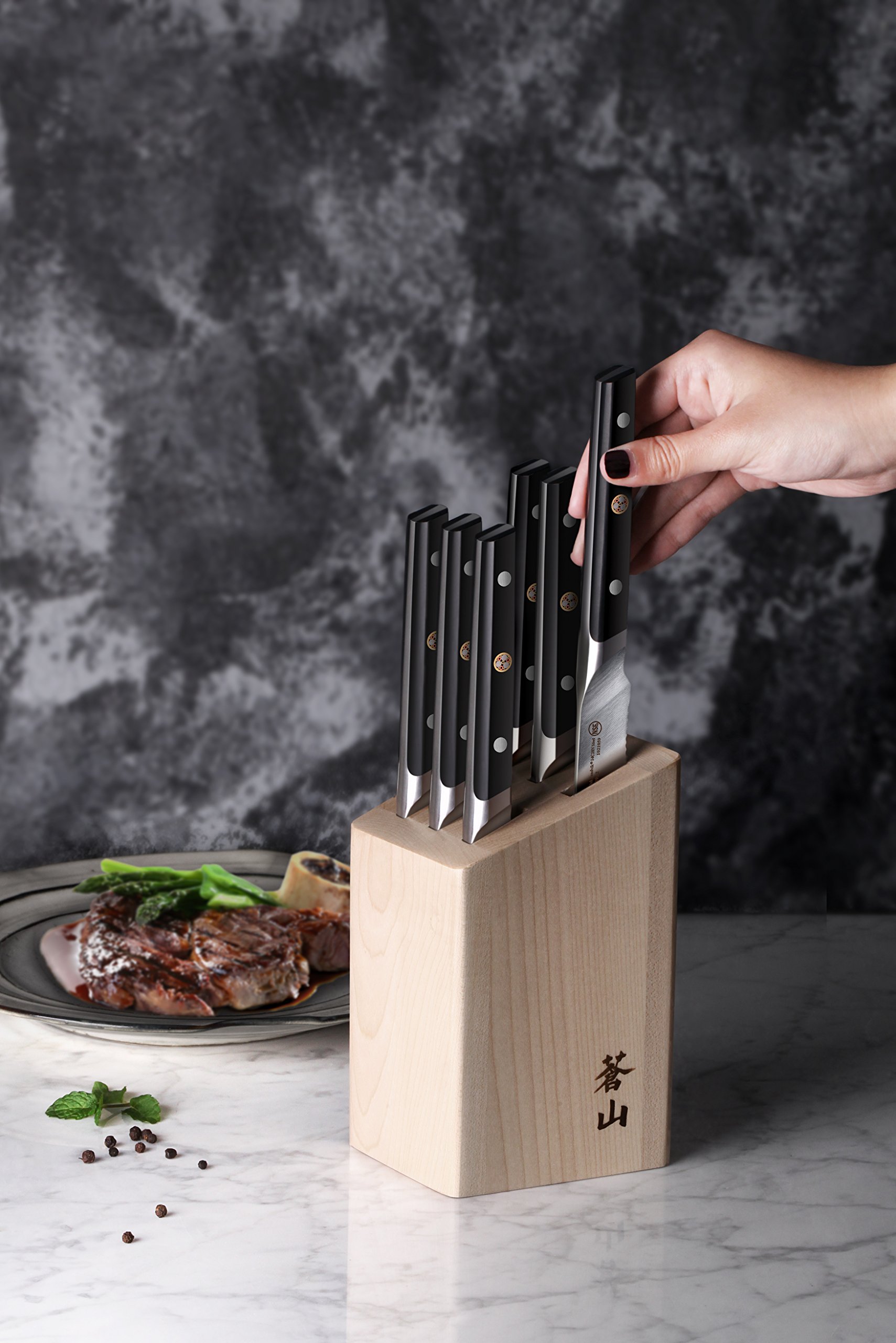 Cangshan TC Series 6-Piece Steak Knife Set with Maple Wood Block - Premium 14C28N Swedish Steel Forged Blades - Perfect for Steak Dinners, BBQs & Gourmet Cooking
