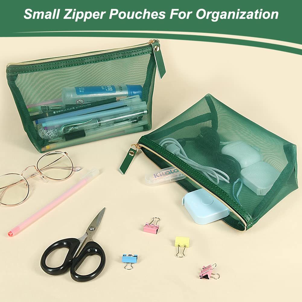 3 Pack Mesh Makeup Bags - Breathable Cosmetic Organizer Pouch for Travel, Home & Gym - Portable Toiletry Storage Case (Green) - Perfect for Makeup Brushes, Skincare Products & Jewelry Organization