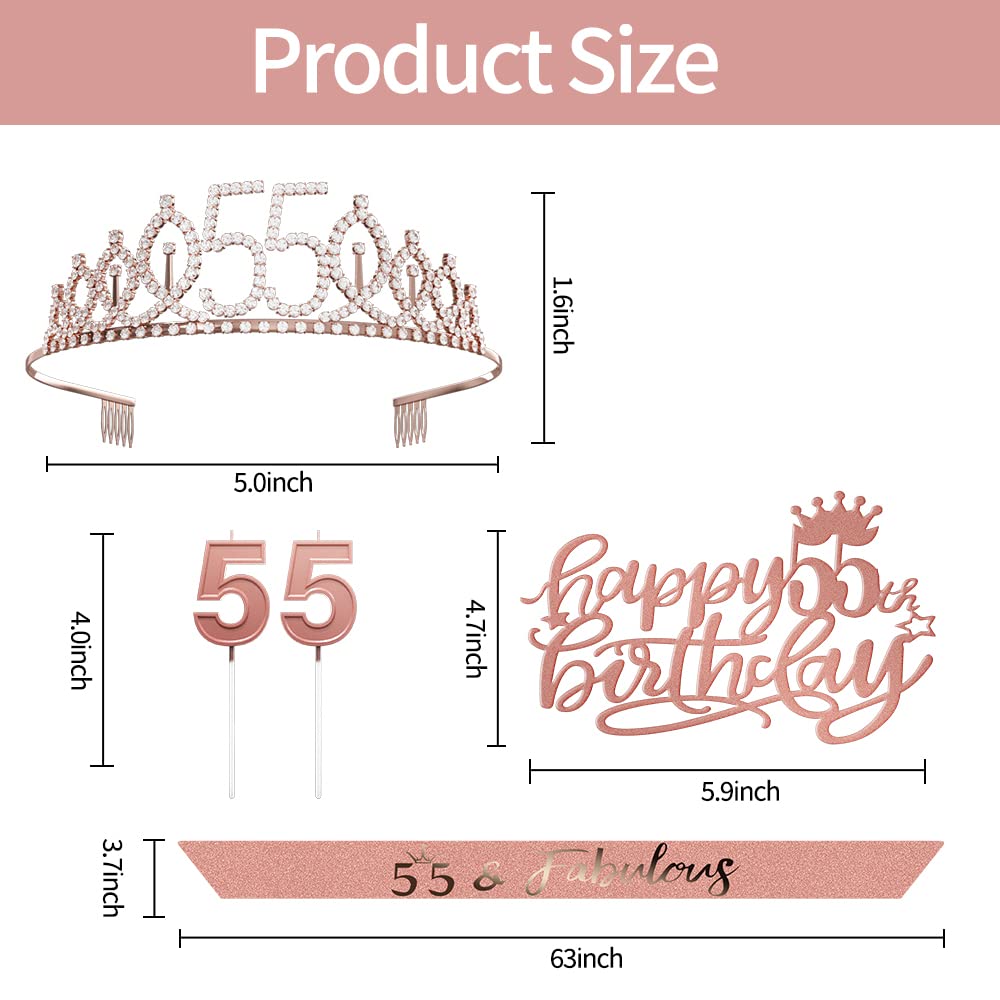 55th Birthday Party Decorations for Women - Elegant Rose Gold Cake Topper, Balloons, Queen Sash with Pearl Pin, Tiara Crown & Candle Set - Perfect for Milestone Celebrations, Retirement Parties & Special Occasions