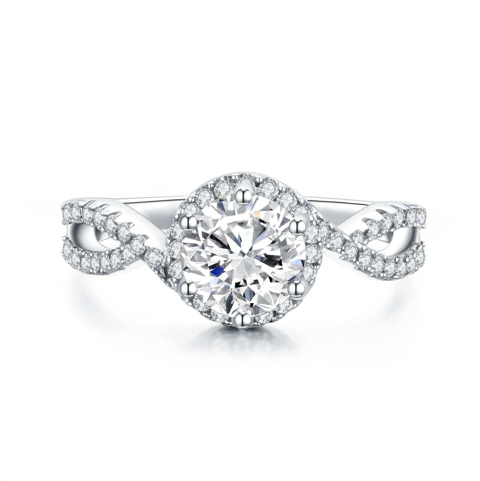 1.0 CT Twisted Halo Moissanite Engagement Ring for Women - Platinum Plated Silver Wedding Band, Proposal & Anniversary Gift (Perfect for Valentine's Day, Christmas & Special Occasions)