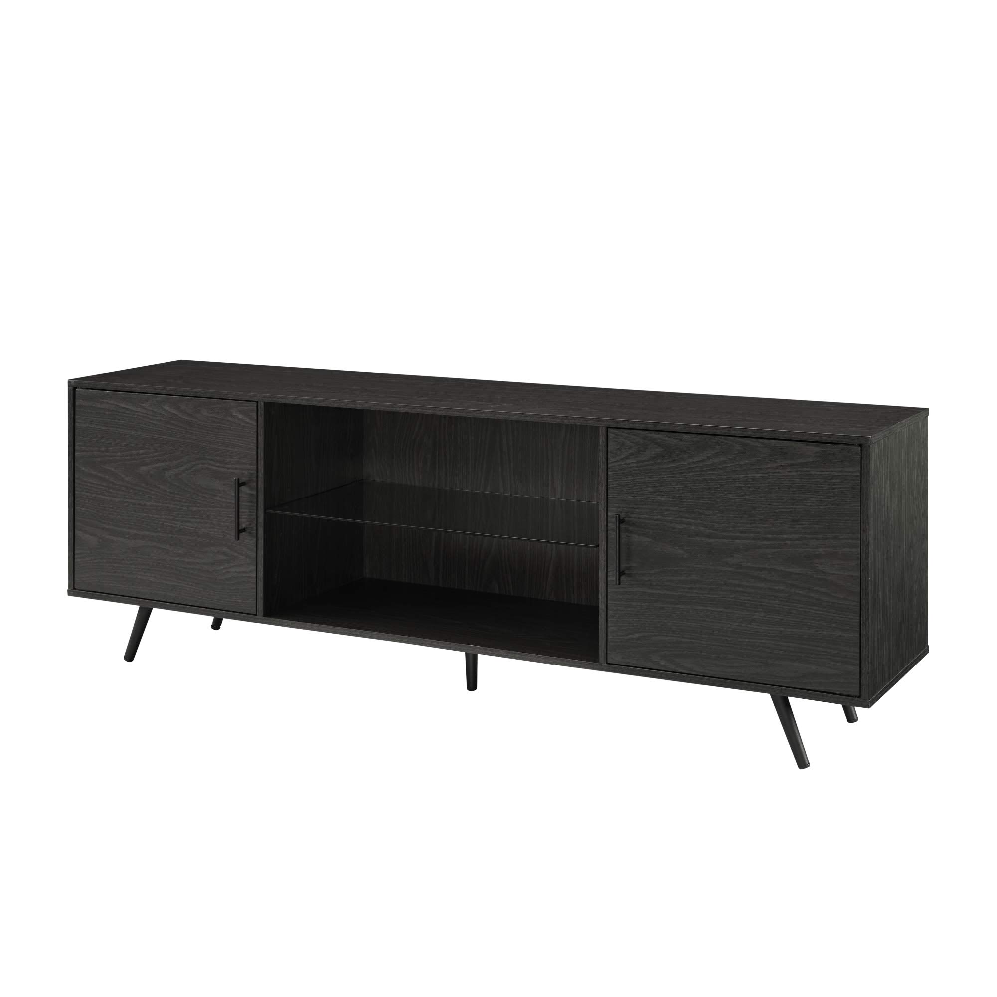Walker Edison Saxon Mid Century Modern 2 Door Glass Shelf TV Stand for 70-80 Inch TVs, Graphite Finish - Perfect for Living Room, Home Theater & Entertainment Centers