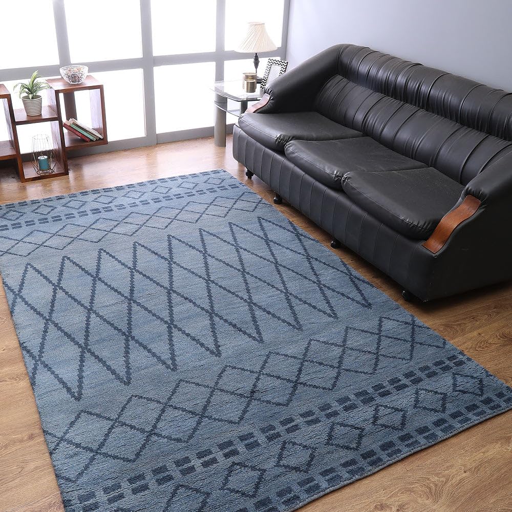 Hand Knotted Wool Geometric Area Rugs 8'x10' - Modern Light Blue Rectangle Rug, Medium Pile Handmade Carpet for Living Room & Bedroom | Boho Chic Home Decor, Cozy Floor Covering (N01117)
