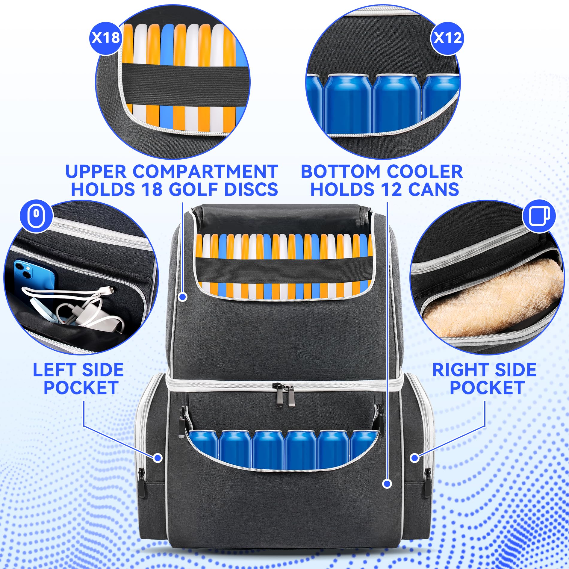Premium Disc Golf Backpack with Built-in Cooler & Fence Hooks - Holds 18 Discs & 12 Cans - Multi-Pocket Storage for Ultimate Convenience - Perfect for Tournaments, Camping & Outdoor Adventures