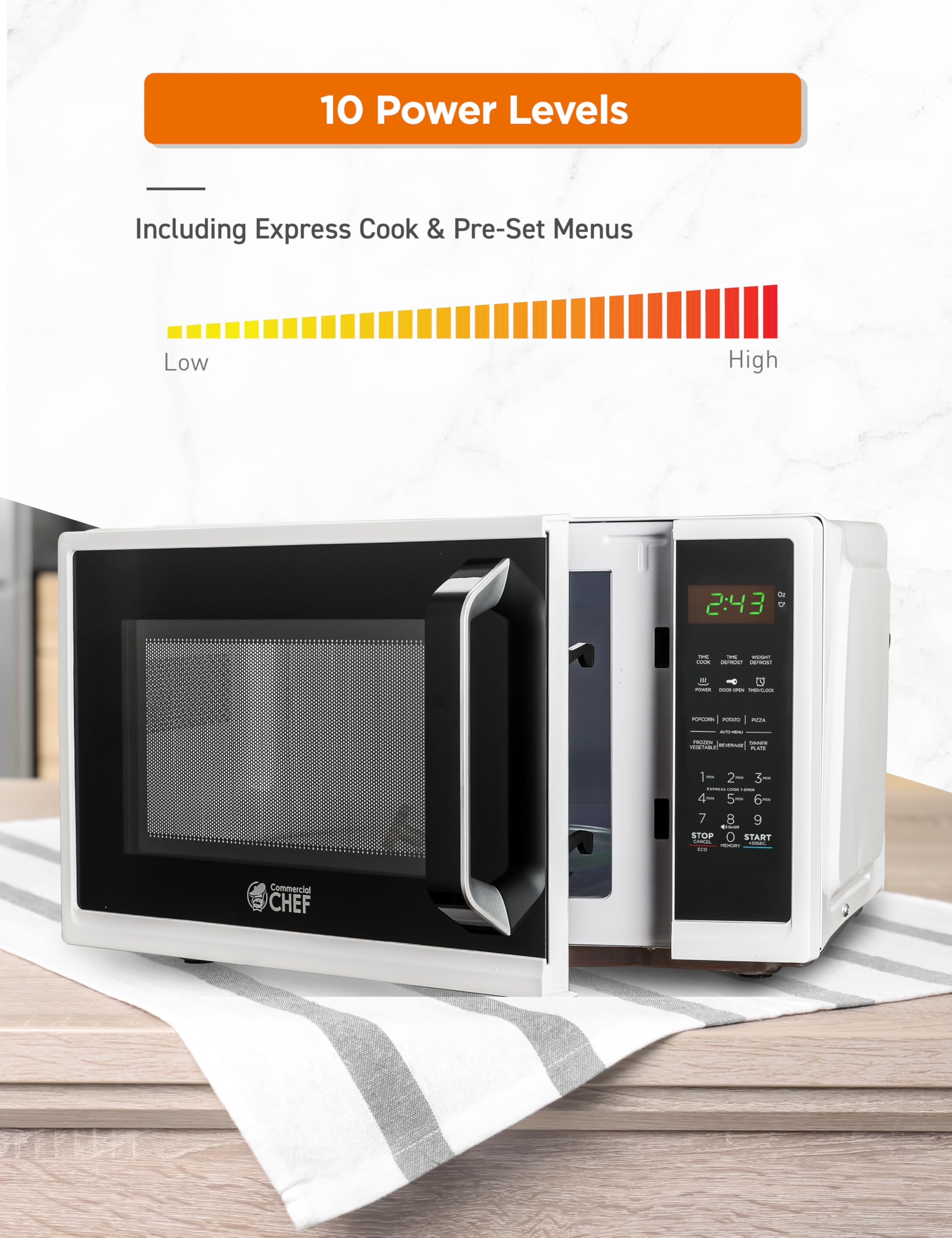 Commercial Chef 0.9 Cu Ft Compact Microwave Oven - 900W Countertop Microwave with 10 Power Levels, Digital Display, Safety Lock & Kitchen Timer - Perfect for Dorms, Offices & Small Kitchens - White