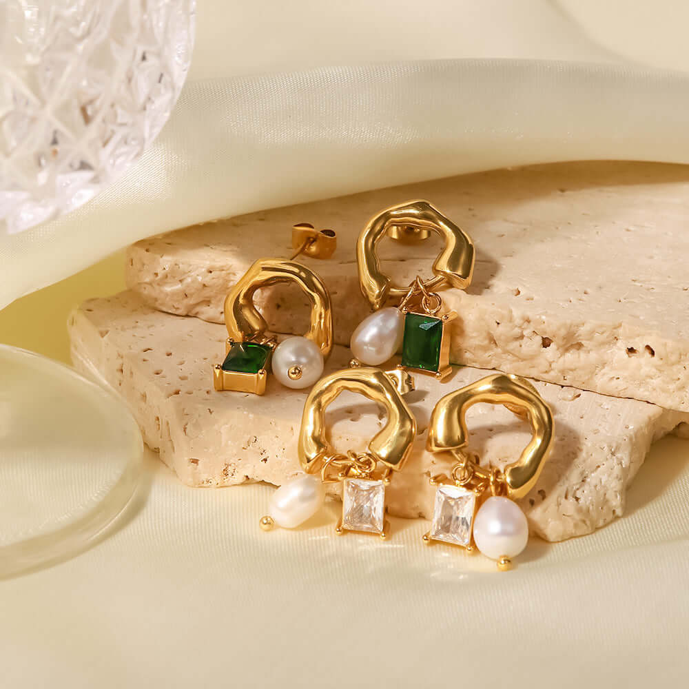 18K Gold Pearl Baguette Huggie Hoop Earrings for Women | Elegant Dainty Pearl Stud Earrings | Perfect for Weddings, Parties & Everyday Wear (JDE251)