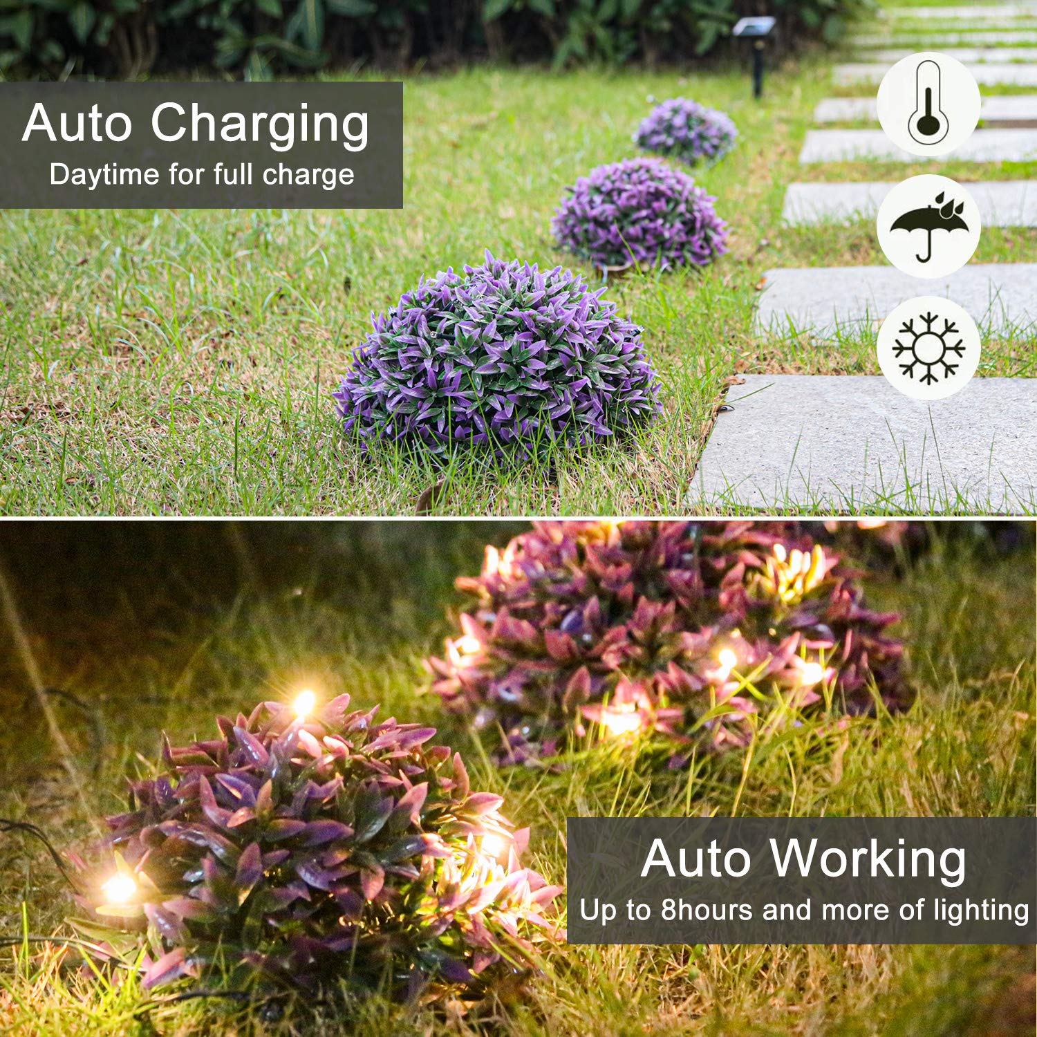 3 Pack Artificial Grass Hemispheres - Solar Powered Fake Plants for Outdoor Garden Decor - Purple Plastic Lawn Ornaments (6/8/10 Inch) - Perfect for Patio, Yard & Landscape Lighting