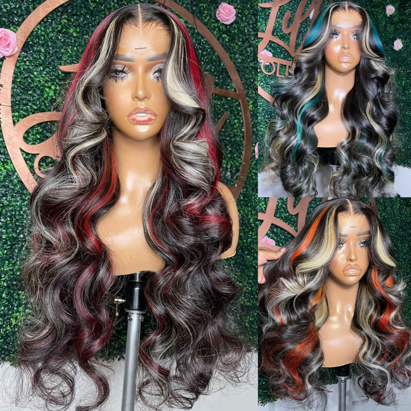 Eullair Black Red Blonde Body Wave Wig with Blue Orange Balayage Highlights - 3 Color Straight Lace Frontal Human Hair Wig for Cosplay, Halloween & Daily Fashion