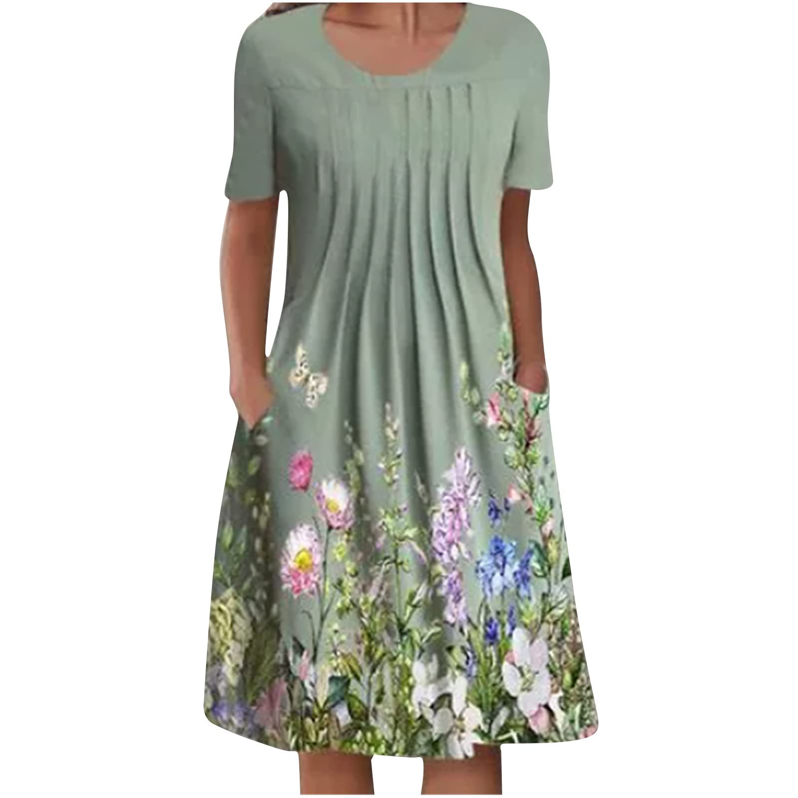 Women's Summer Floral Print Casual Midi Dress - Round Neck Short Sleeve Foldable Dress for Beach, Vacation & Everyday Wear