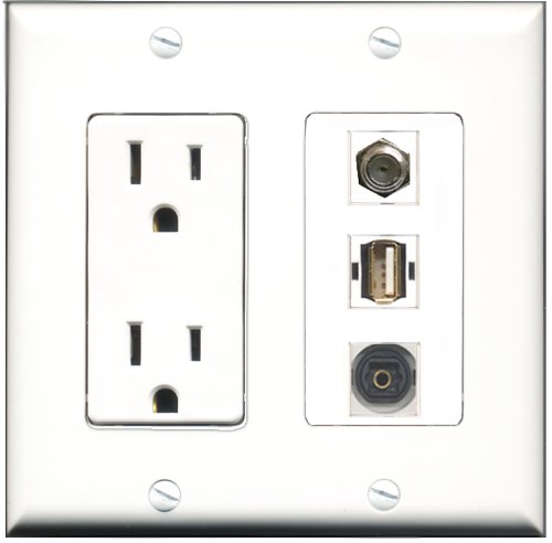 RiteAV 15 Amp Power Outlet with 1 Coax Port, 1 USB A-A Port & 1 Toslink Port - Decorative Wall Plate for Home Theater, Office & Smart Home Installation
