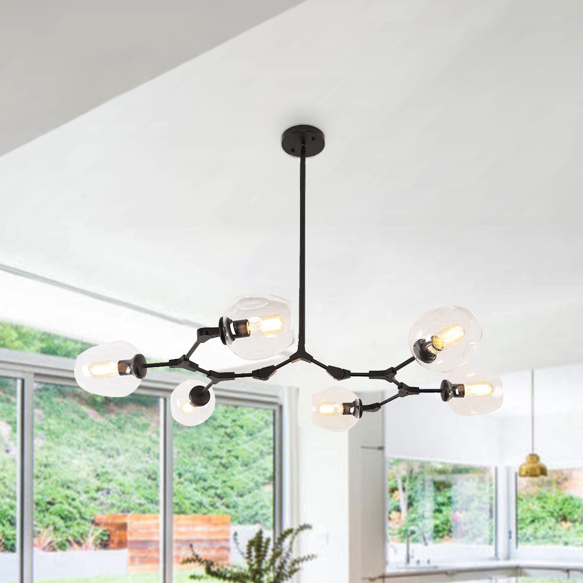 Modern Molecular Globe Pendant Light with 6-Head Glass Lampshade, Sputnik Chandelier Lighting Fixture - Black & Clear for Kitchen, Living Room, Bedroom, Bar, Restaurant, Office - Stylish Ceiling Light for Modern Home Decor