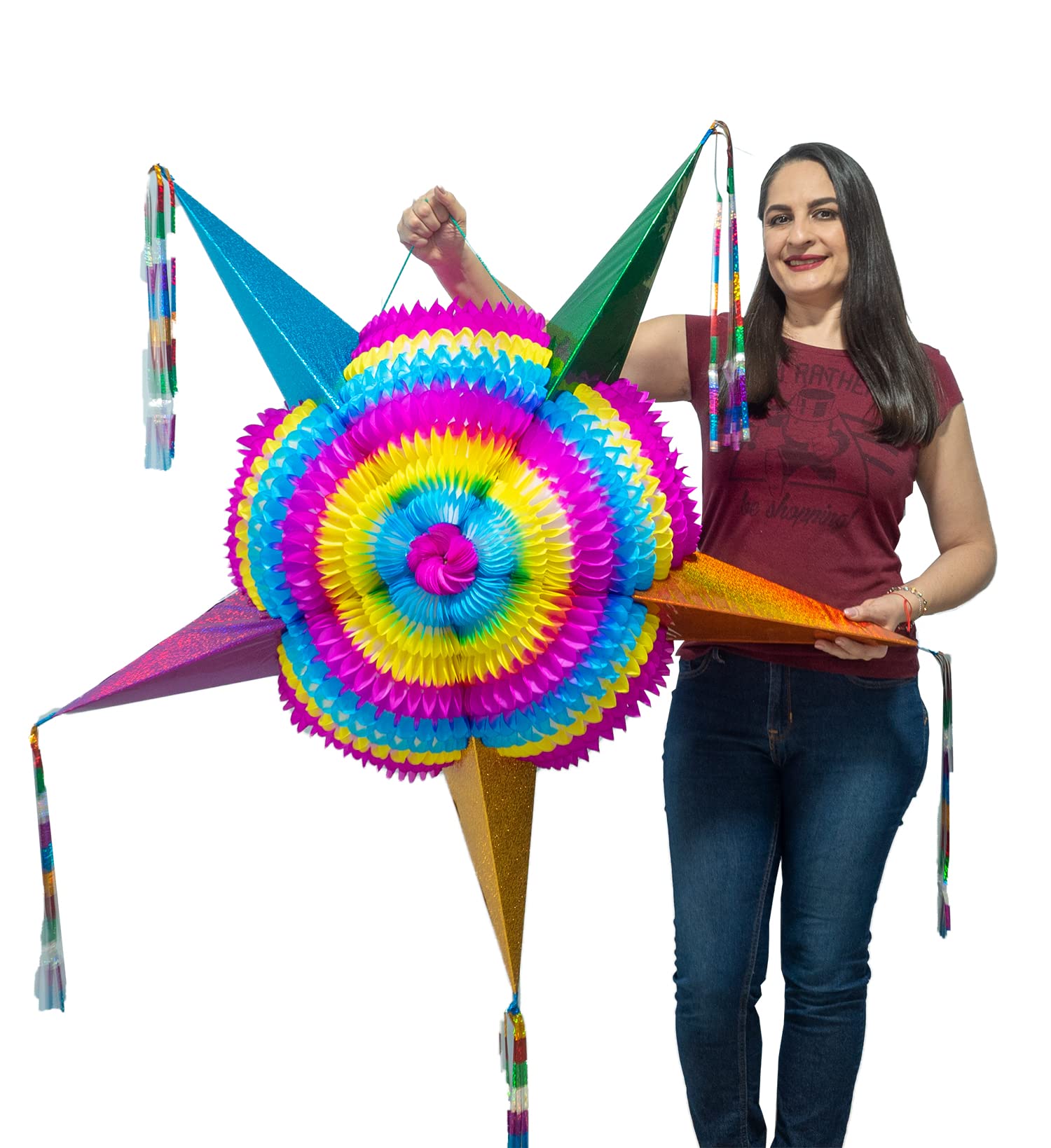52 Inch Giant Extra Large Star Pinata - Authentic Mexican Rainbow Party Decor for Kids Birthday, Dia de Los Muertos - Huge Colorful Foldable Pinata for Party Games, Festive Celebrations & Themed Events (Celly Party Pinata)