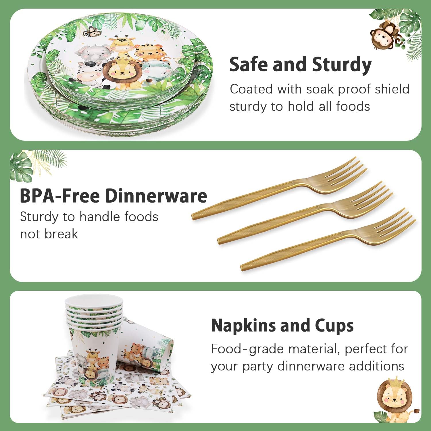 Heboland 125-Piece Safari Jungle Theme Party Supplies Set - Paper Plates, Cups & Napkins for 25 Guests | Baby Shower, Kids Birthday & Jungle Themed Events | Durable Disposable Tableware for Outdoor Parties & Family Gatherings