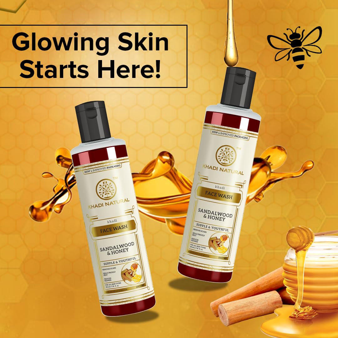 Khadi Natural Sandalwood & Honey Face Wash - Gentle Cleanser for Healthy, Soft Skin | Soothes Sunburns & Suits All Skin Types | Pack of 2 (420ml Total) | Perfect for Daily Skincare Routine & Post-Sun Care