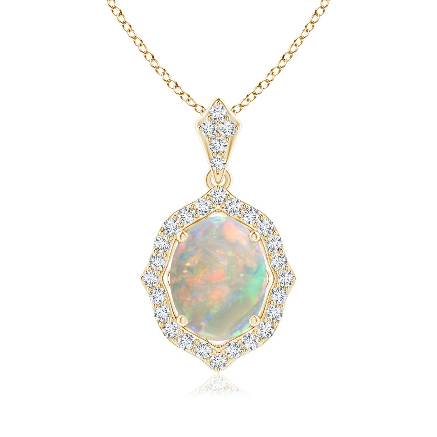Angara Natural Opal Halo Solitaire Pendant Necklace for Women - 14K Solid Gold/Platinum October Birthstone Jewelry | Elegant Gift for Her, Birthday, Anniversary & Special Occasions | Perfect for Weddings, Date Nights & Formal Events