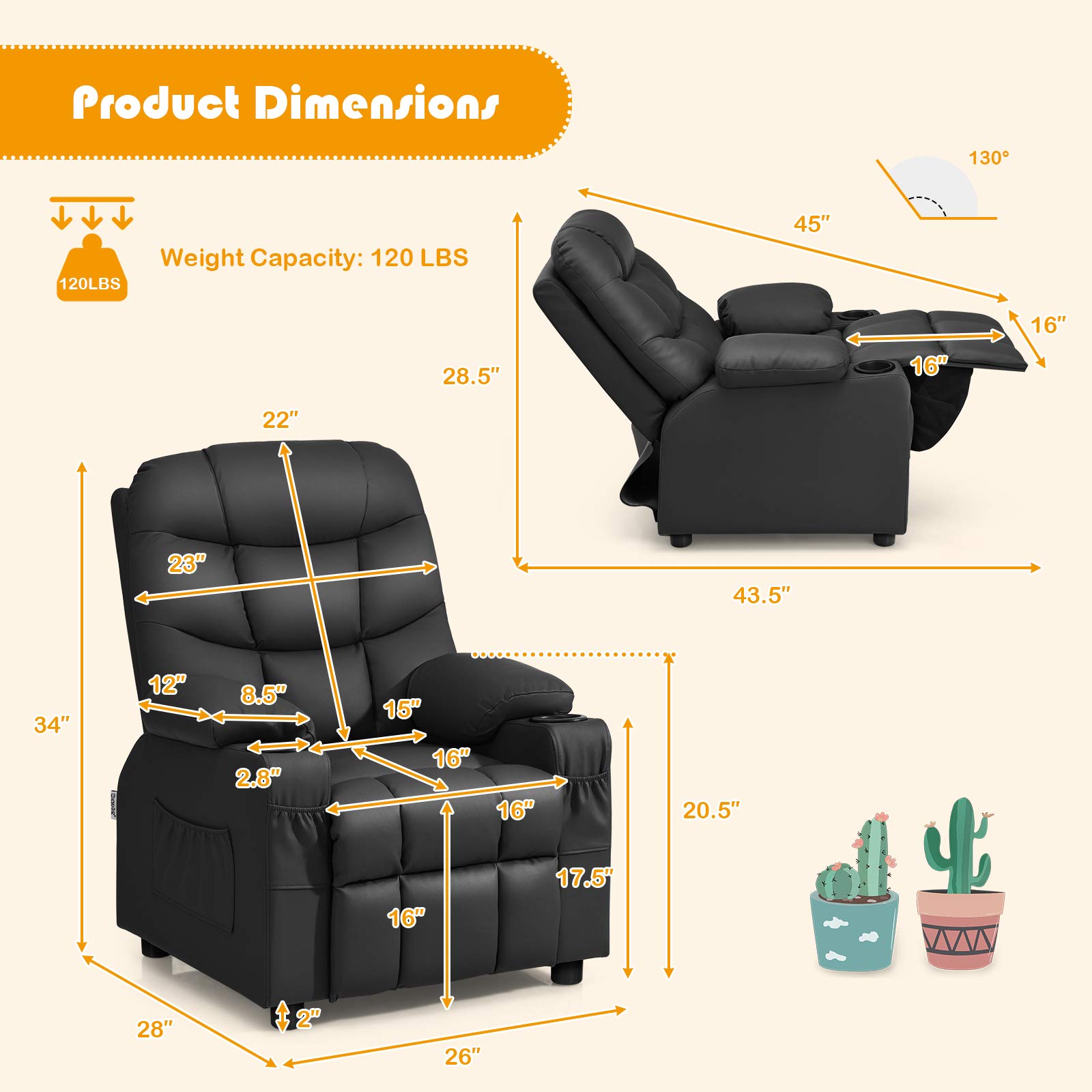 MAT EXPERT Kids Recliner - Adjustable Leather Gaming & Reading Chair for Boys & Girls with 2 Cup Holders, 3 Side Pockets & Footrest - Toddler Lounge Chair for Playroom, Nursery or Kids Bedroom (Black) - Perfect for Relaxing, Gaming, Reading & Watching TV