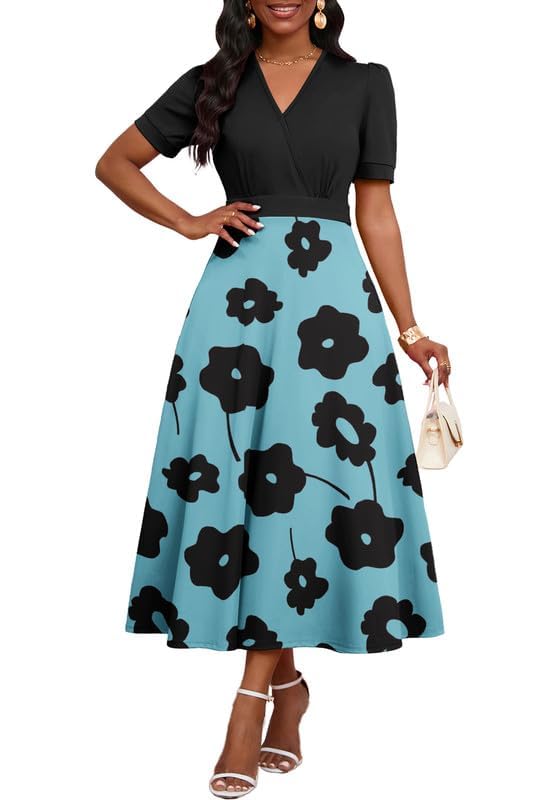 Women's Midi Dresses - V Neck Cocktail & Church Tea Dress with Short Sleeve A-Line Swing Design | Perfect for Weddings, Parties & Formal Occasions