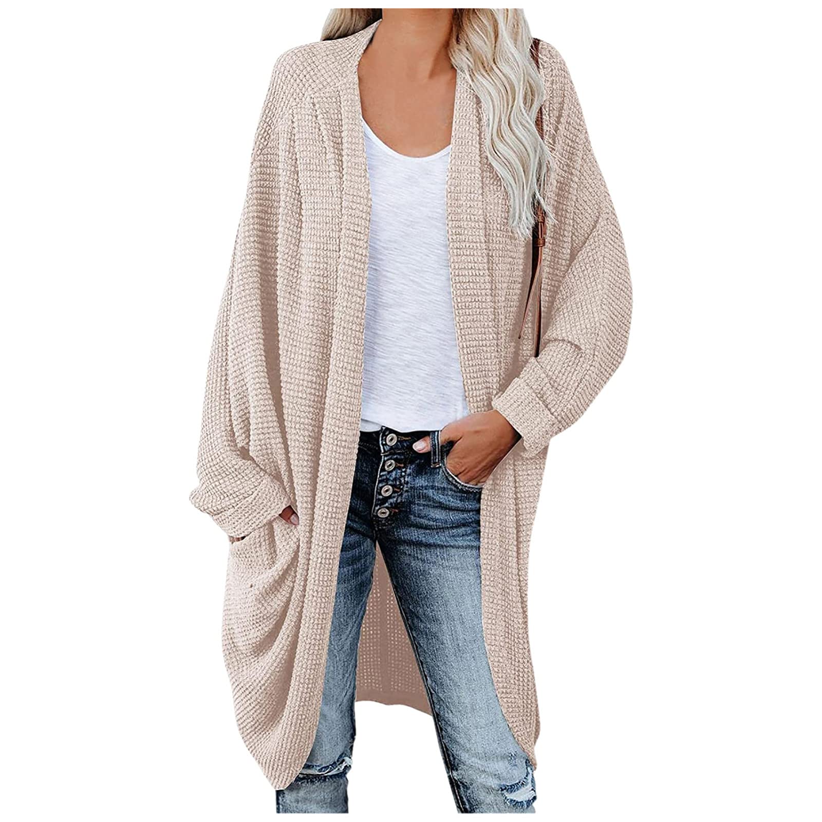 Women's Long Sleeve Open Front Knit Cardigan with Pockets - Cozy Thick Draped Sweater Coat for Casual Wear, Office, and Fall Layering