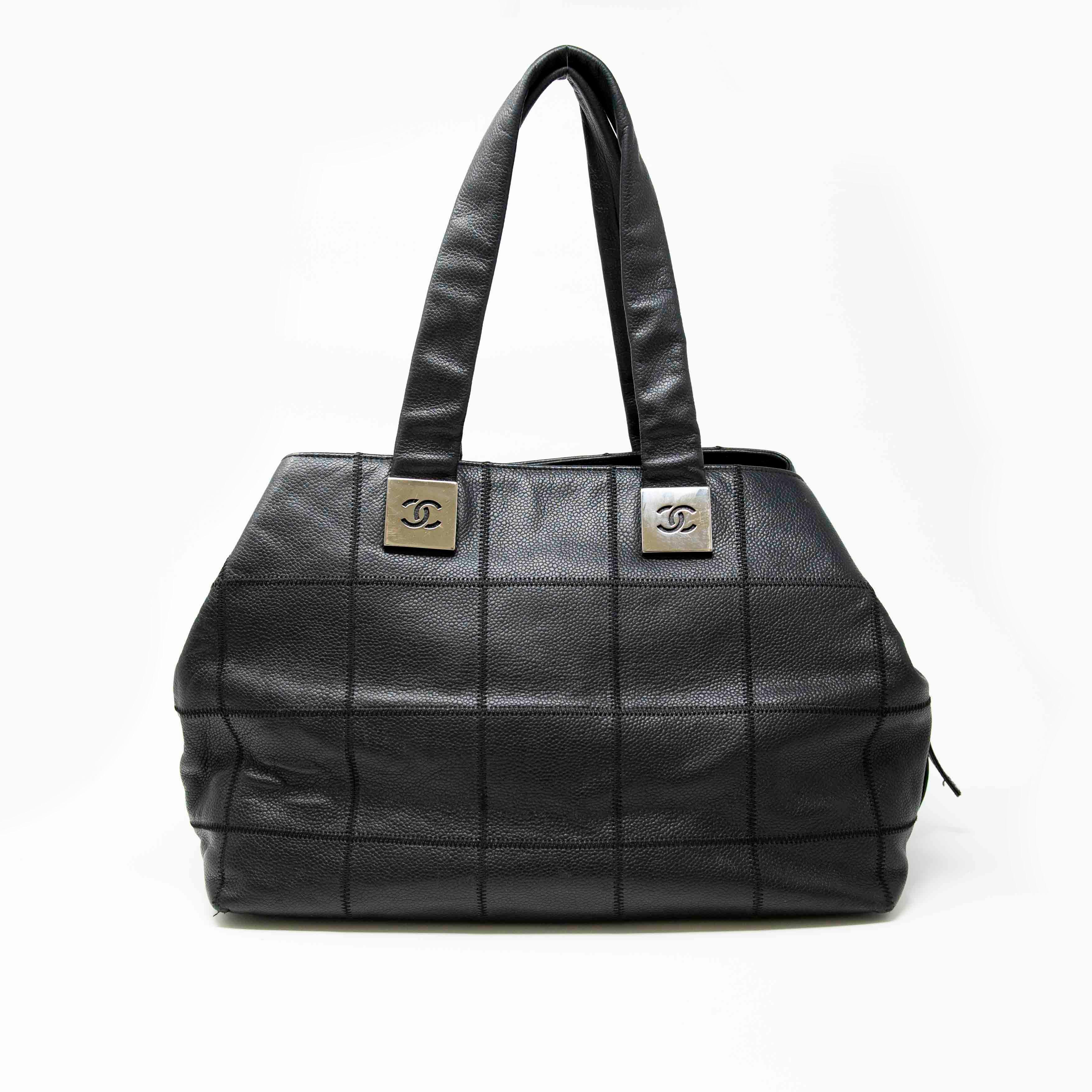Chanel Black Choco Bar Stitched Leather Tote Bag for Women - Luxury Designer Handbag for Work, Travel & Everyday Use