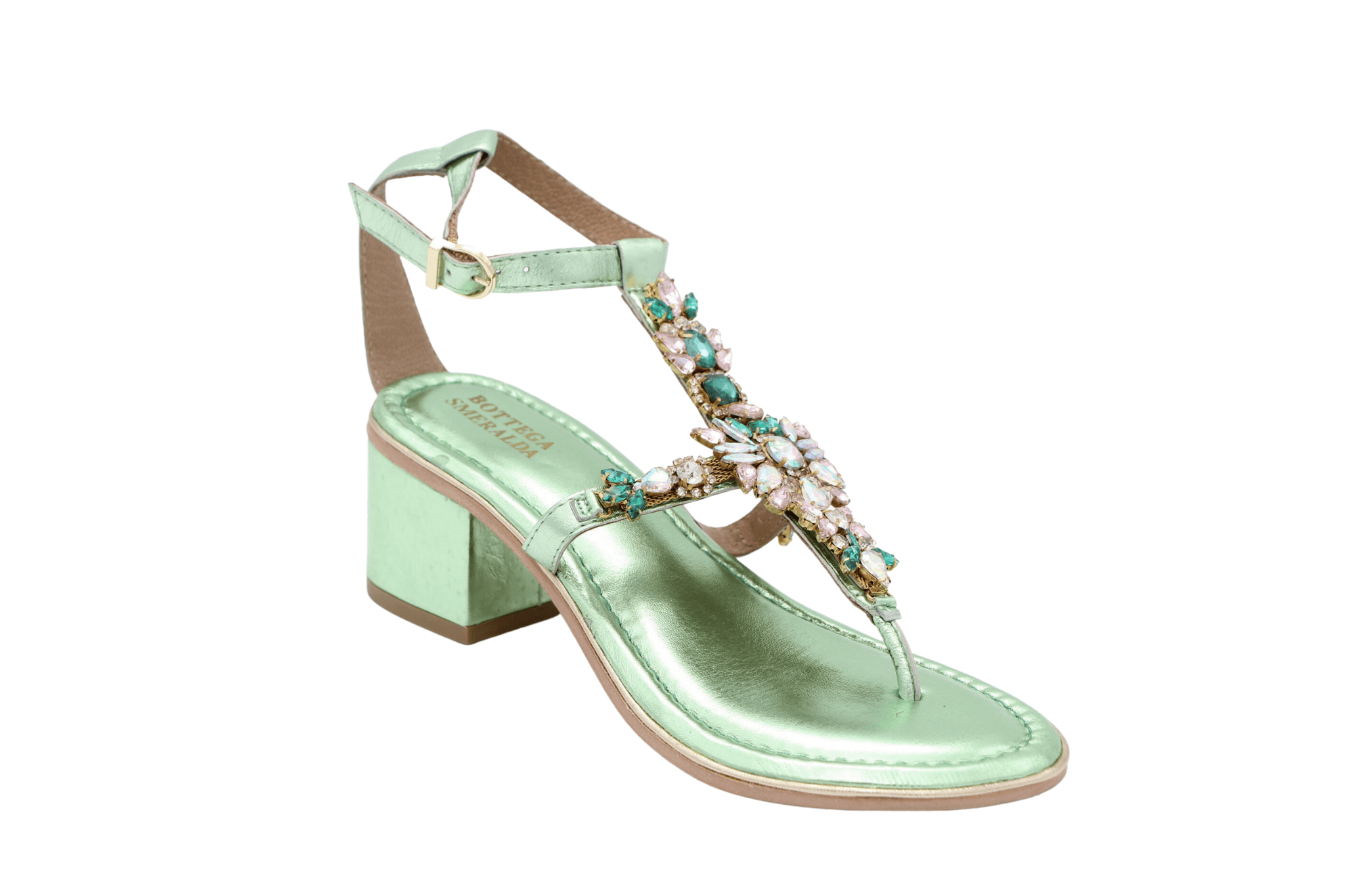 BOTTEGA Women's Mint Green Metallic Embellished Block Heel Sandals - Elegant Party & Wedding Shoes for Summer Events