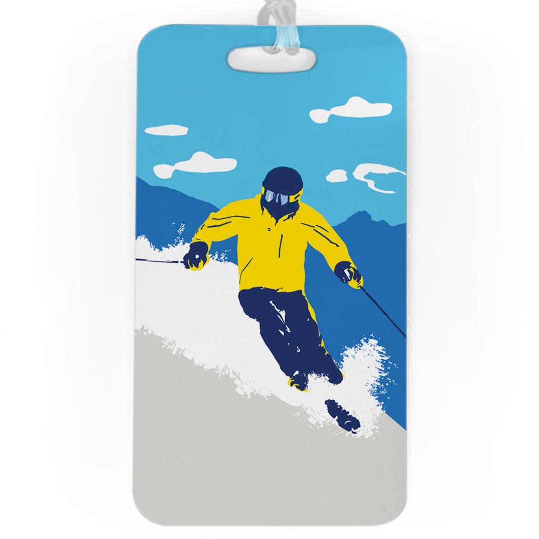 Custom Ski Luggage Tag - Personalized Ski Hard Design with Large Yellow Back for Info - Perfect for Ski Trips & Travel Gear Identification