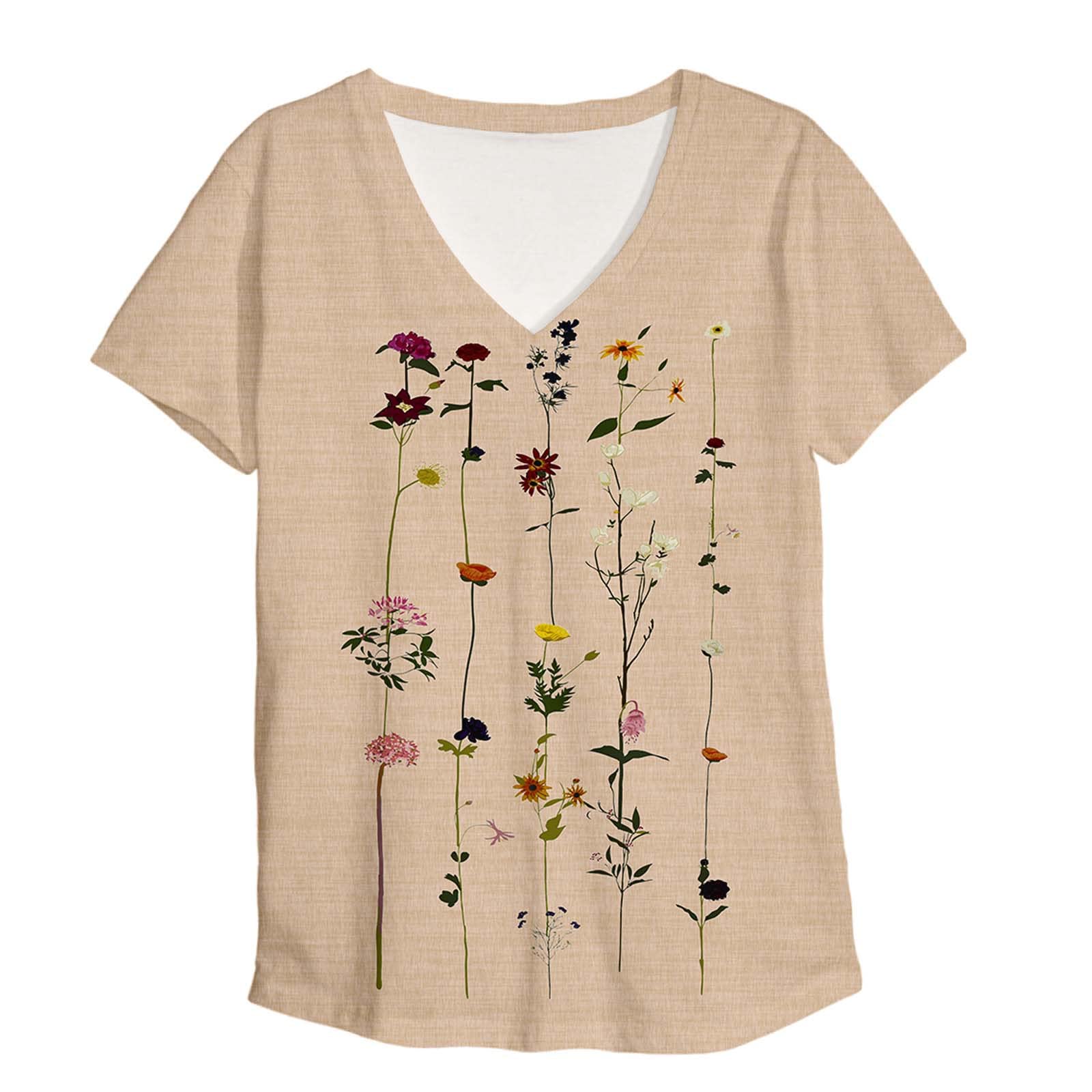Boho Floral Print V-Neck T-Shirt for Women - Short Sleeve Casual Tunic Blouse | Summer Tops, Pullover Shirts | Perfect for Beach Outings, Music Festivals & Everyday Wear