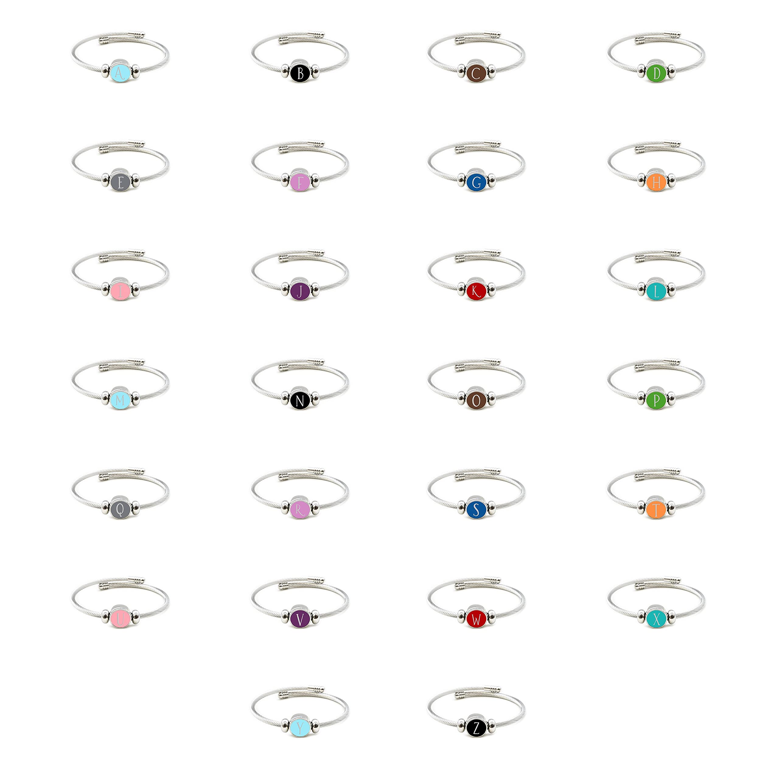 Pink Box High Polished Stainless Steel Round Cable Initial Bracelets A-Z | Reversible Stackable Interchangeable Charm Bangle | Perfect for Layering, Gifts & Everyday Jewelry