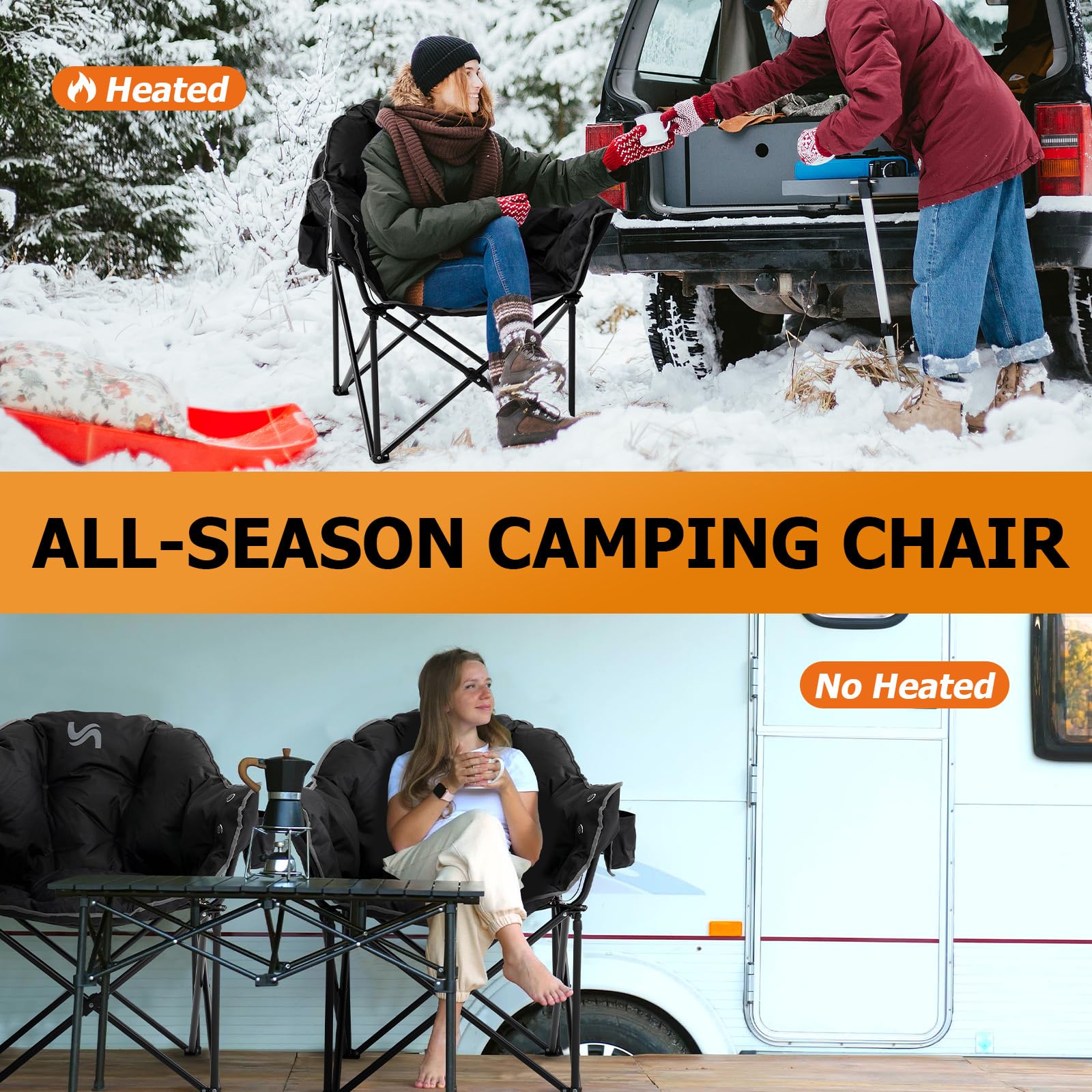 LILYPELLE Oversized Heated Camping Chair - 3 Adjustable Heat Levels, Portable Folding Moon Saucer Chair for Outdoor, Patio, Lawn & Lounge - Perfect for Camping, Backyard Relaxation & Winter Gatherings