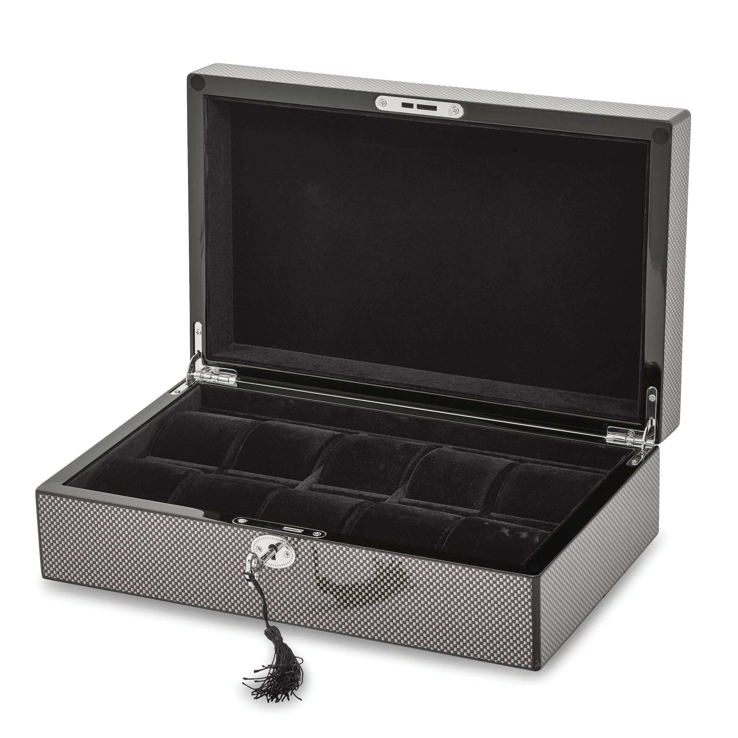 Premium High Gloss Black Carbon Fiber Watch Case - Holds 10 Watches | Luxury Watch Storage & Display Box for Collectors | Perfect for Home, Office & Travel Organization
