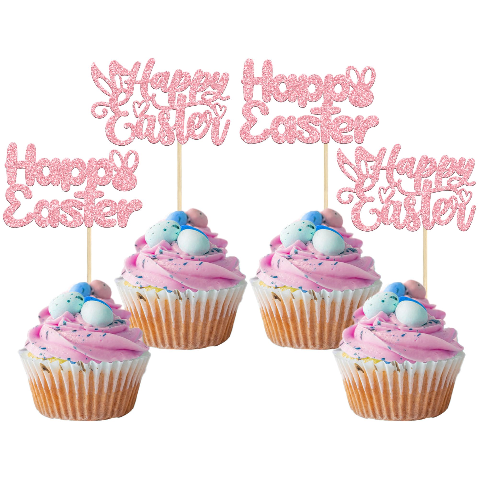 Pink Glitter Easter Bunny Cupcake Toppers - 24Pcs Happy Easter Cake Decorations for Easter Party, Spring Birthday & Baby Shower - Adorable Bunny Toppers for Cupcakes, Cakes & Desserts