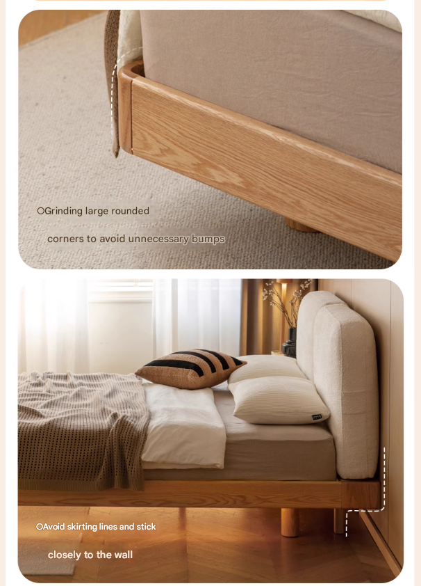 Premium Oak Solid Wood Lamb Fleece Soft Suspension Cream Bed - Cozy & Supportive Sleeping Solution for Modern Bedrooms, Guest Rooms & Nursery Decor