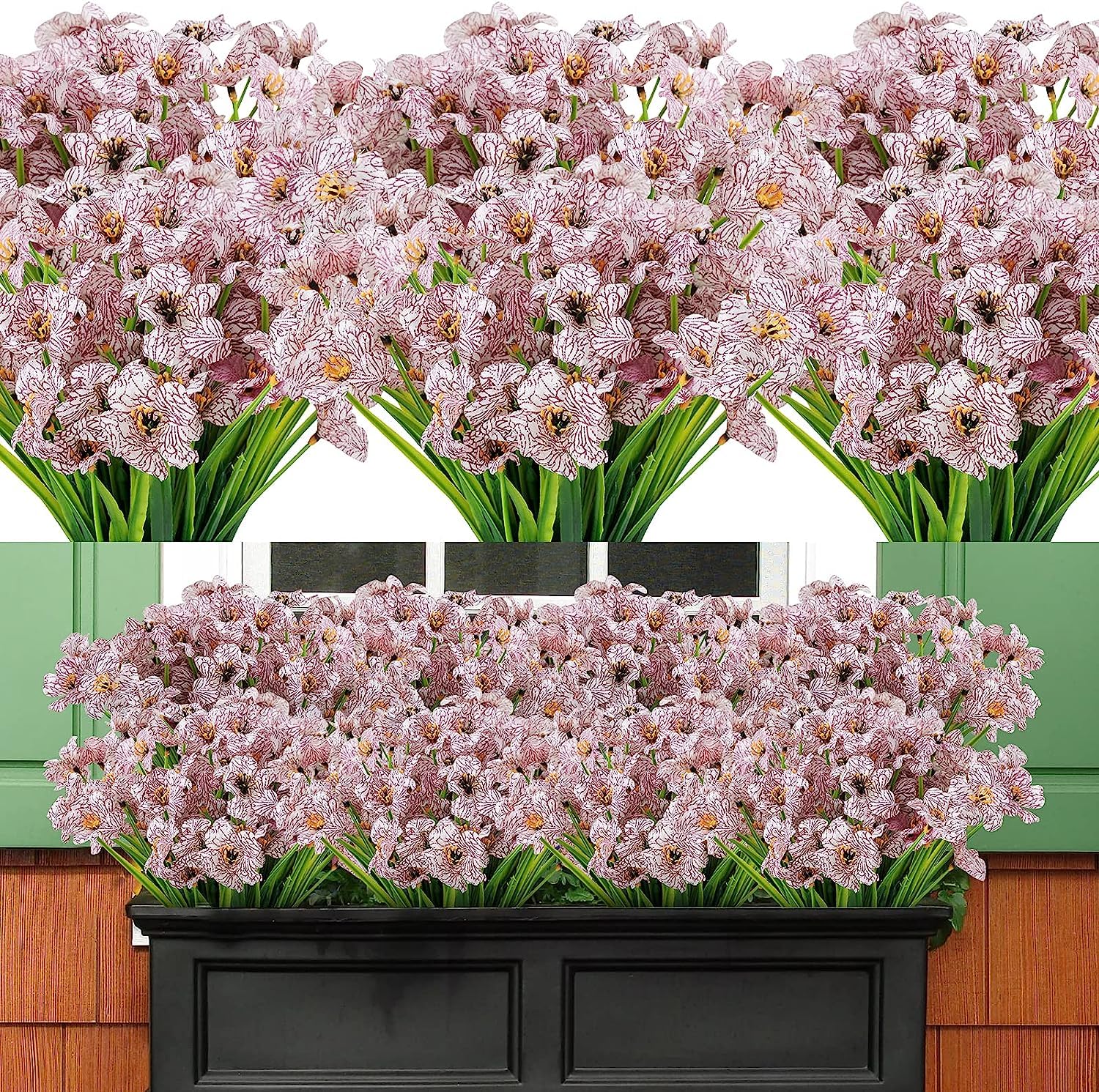AmyHomie 20 Bundles UV Resistant Artificial Flowers for Outdoor - Fade Proof Faux Plastic Plants for Garden, Porch, Window Box Decor - Perfect for Wedding, Home & Office Decoration (White)