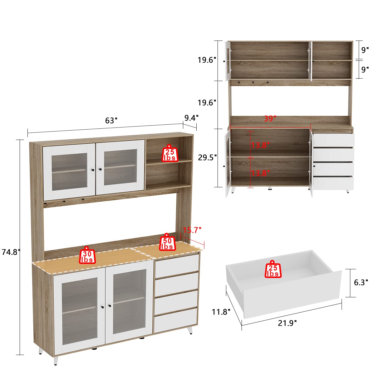 Large Kitchen Hutch Cabinet with 4 Glass Doors & 4 Drawers - White Oak Pantry Storage Cupboard with Microwave Shelf - 63