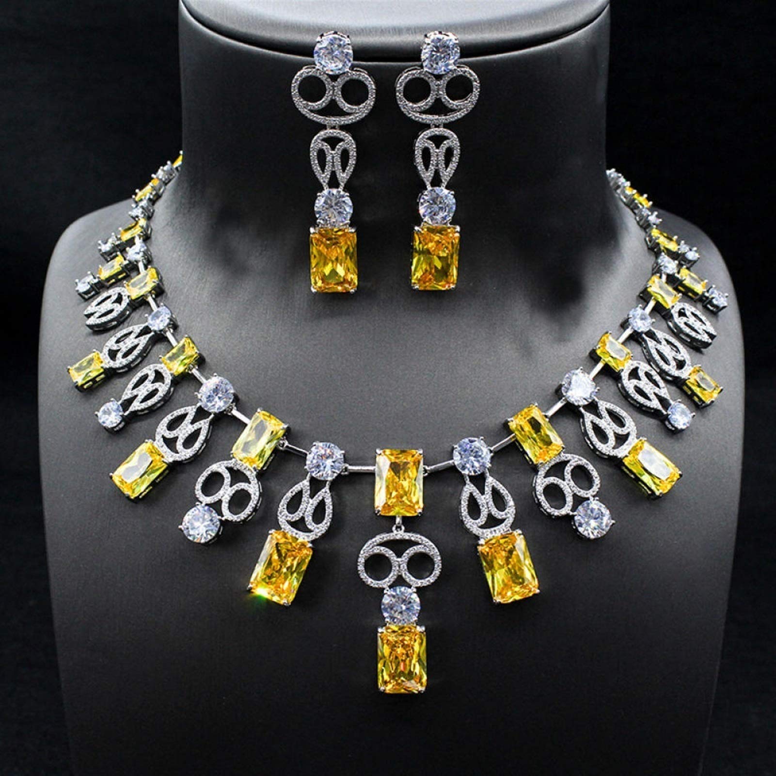 WJCRYPD Cubic Zirconia Jewelry Set - Elegant Big Square CZ Necklace & Earrings for Women | Wedding, Party & Evening Wear | Yellow Gold Tone Jewelry Set
