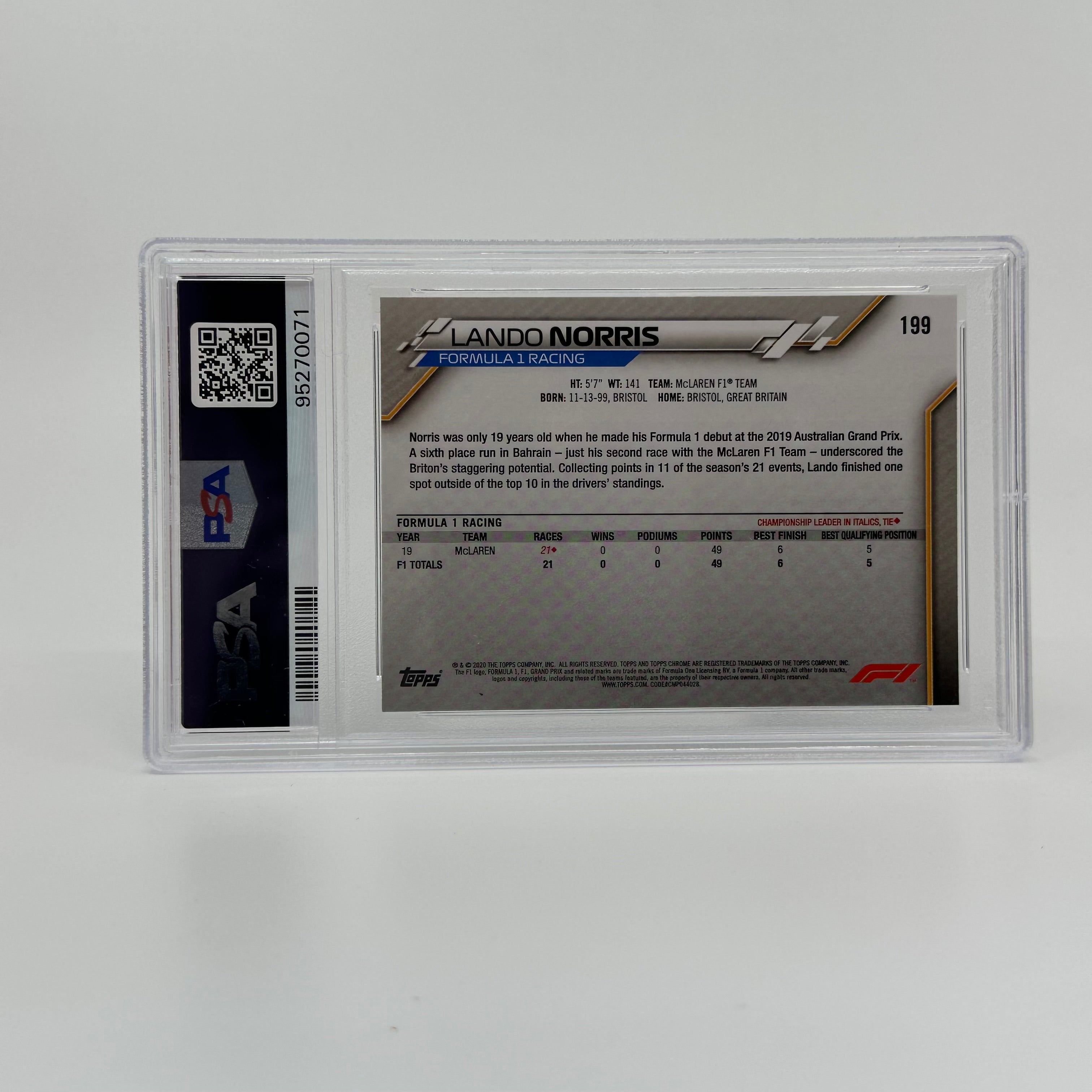 2020 Topps Chrome F1 Lando Norris #199 PSA 6 Rookie Card - Perfect for F1 Collectors and Racing Fans Display