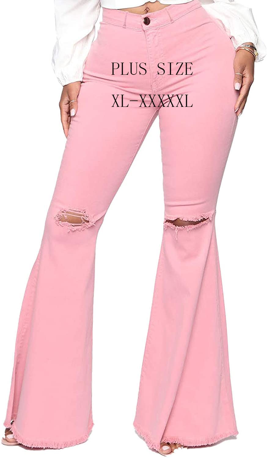 BessCops Women's Plus Size Ripped Bell Bottom Jeans - Stretchy Elastic Waist Flared Pants for Casual Wear & Retro Fashion Outfits