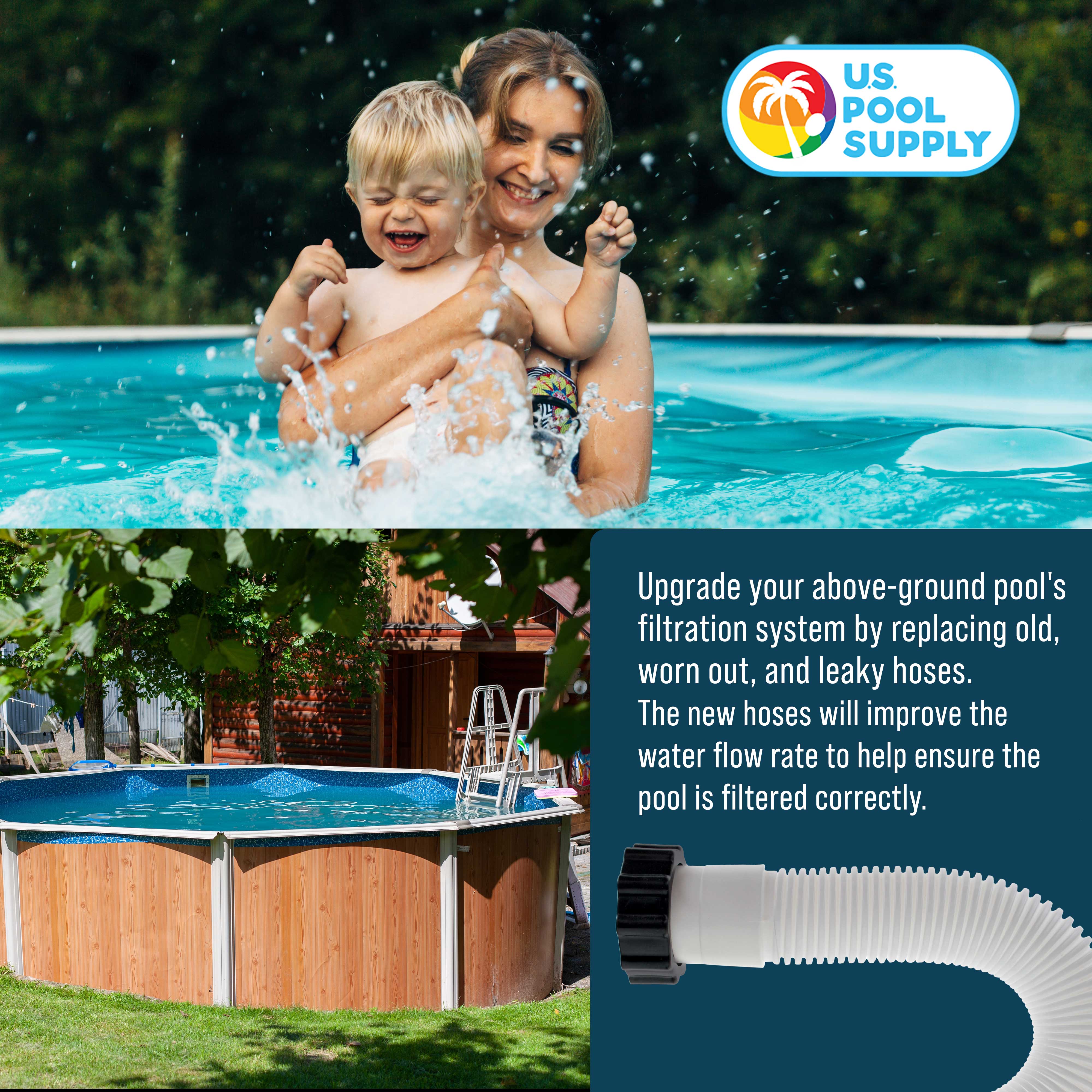 Intex 29060E Compatible Above Ground Pool Hose Replacement - 1.5 Inch Diameter x 59 Inch Long (Pack of 2) for Pool Filter Pumps, Sand Filters & Saltwater Systems (1,500-2,500 GPH) - Perfect for Summer Backyard Swimming Pool Maintenance