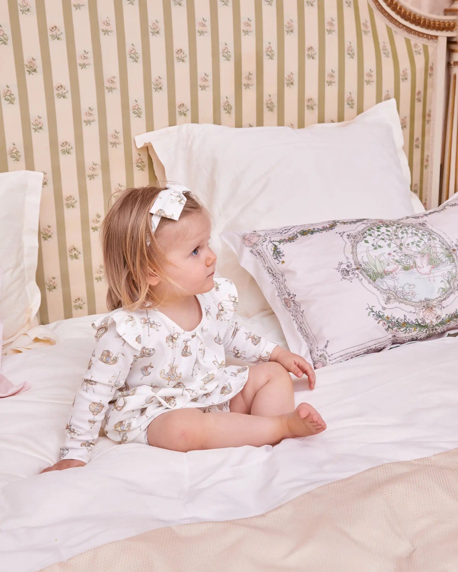 Atelier Choux Baby Girls Carousel Jersey Dress - Soft Cotton White Dress for Newborns & Toddlers | Perfect for Special Occasions, Photo Shoots & Everyday Wear