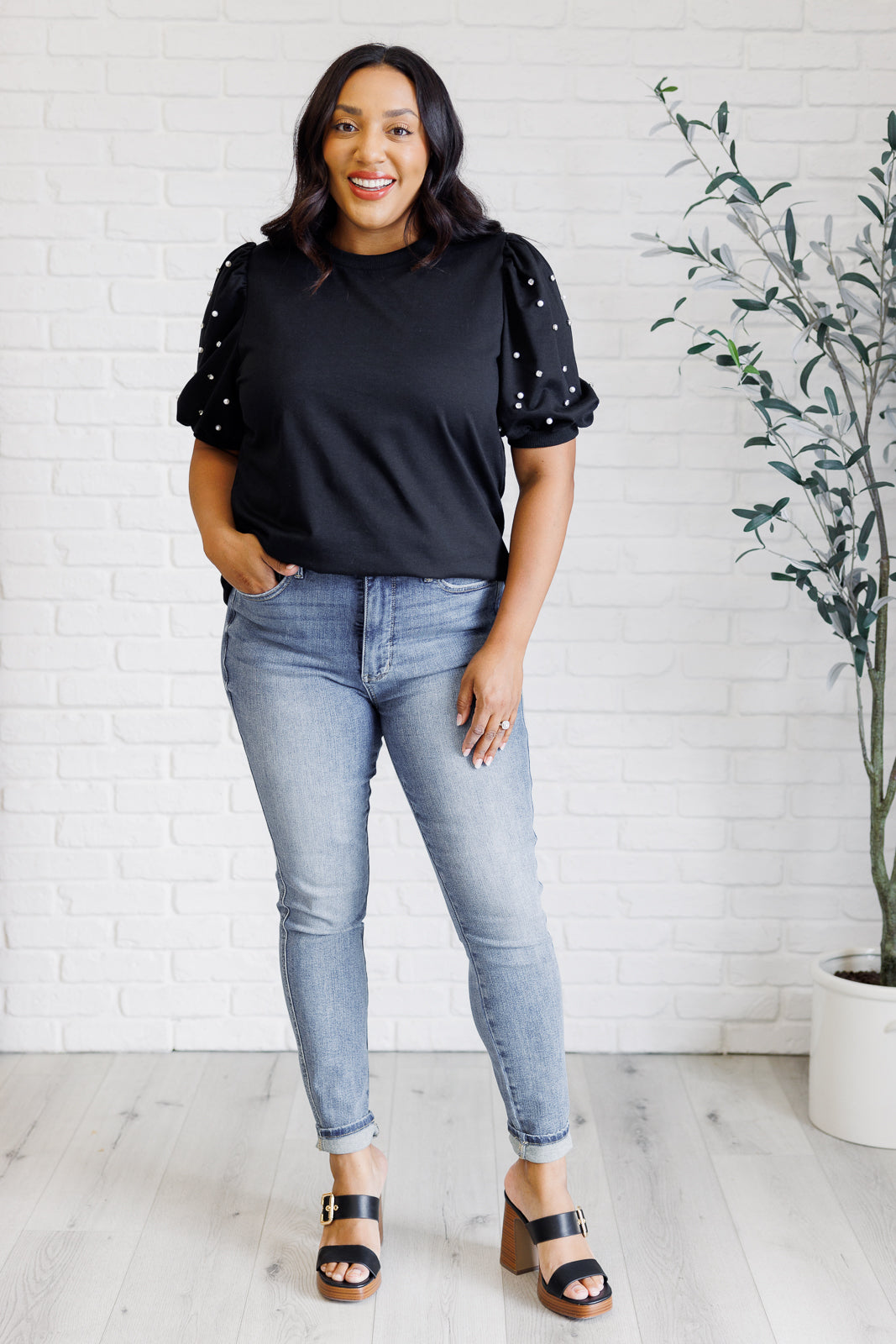 Black Diamonds and Pearls Puff Sleeve Blouse - Elegant Women's Fashion Top for Parties, Dates & Special Occasions