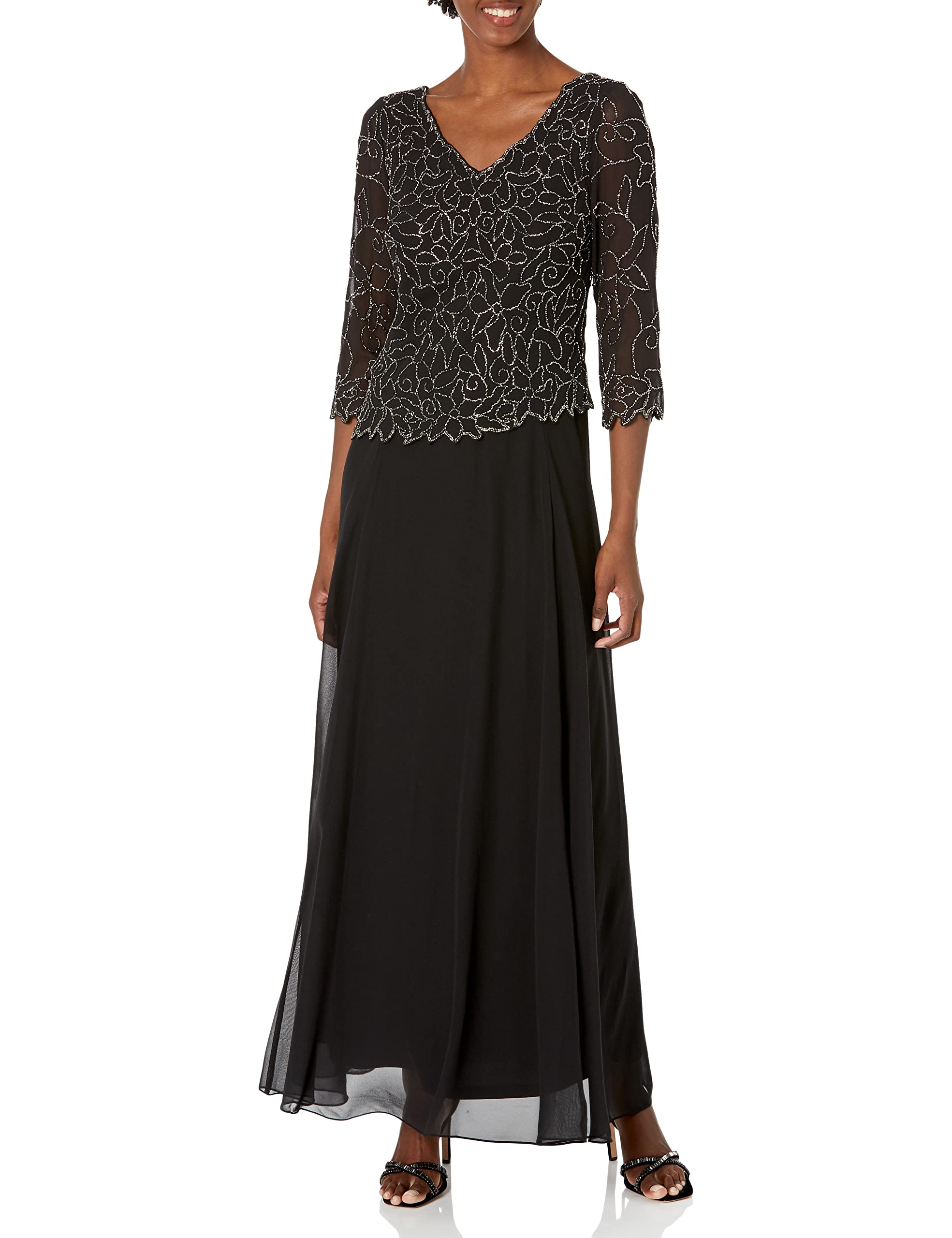 J Kara Women's Flowy V-Neck 3/4 Sleeve Midi Dress for Casual Wear, Office & Special Occasions