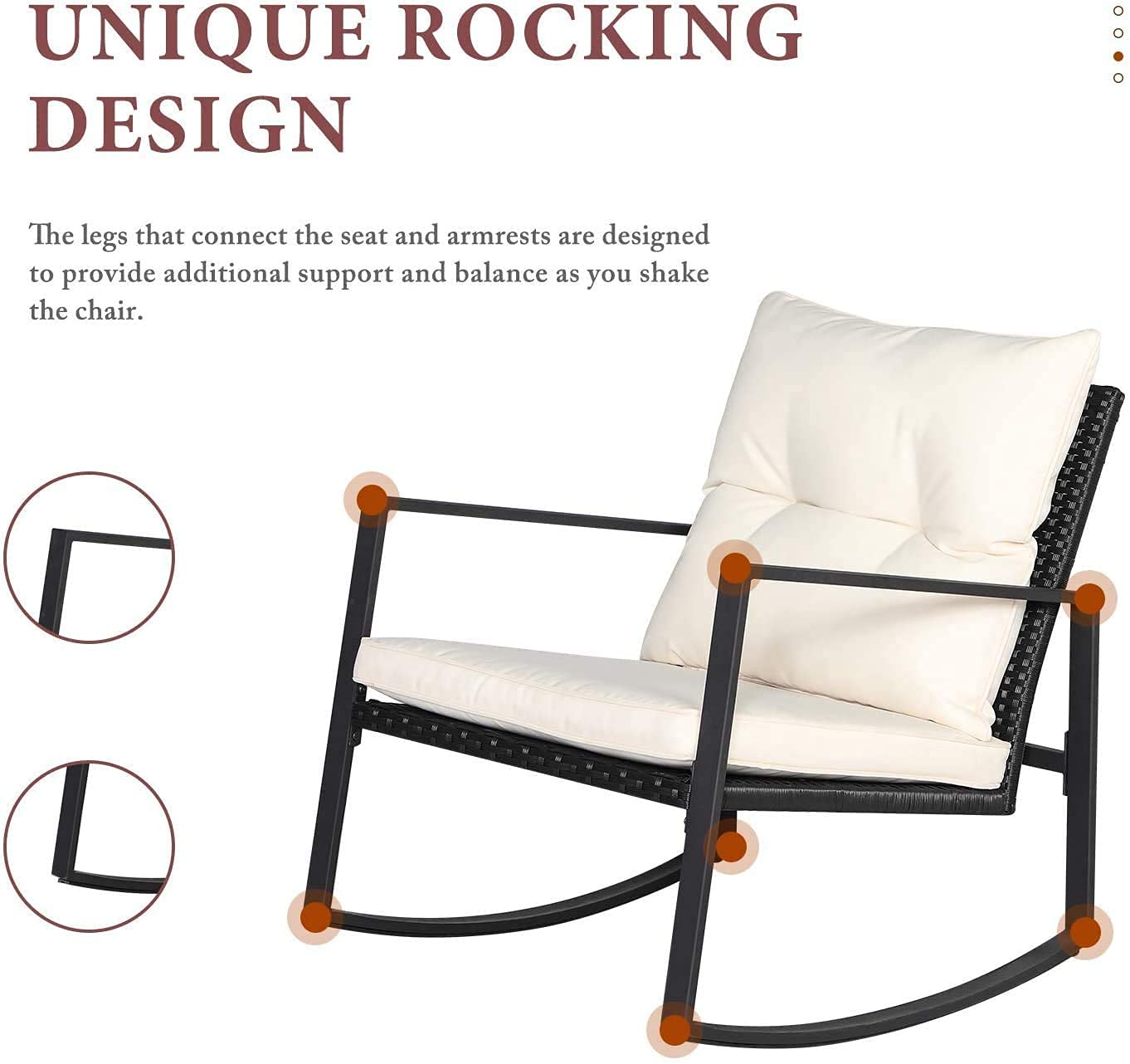 SUNCROWN 3-Piece Outdoor Rocking Chair Set - Patio Wicker Rattan Bistro Set with Cushions & Glass Coffee Table - Beige Conversation Furniture for Garden, Porch, Backyard Relaxation