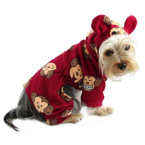 Silly Monkey Fleece Hooded Dog Pajamas - Burgundy Red Pet Costume for Small & Medium Dogs - Cozy Winter Outfit for Indoor & Outdoor Use