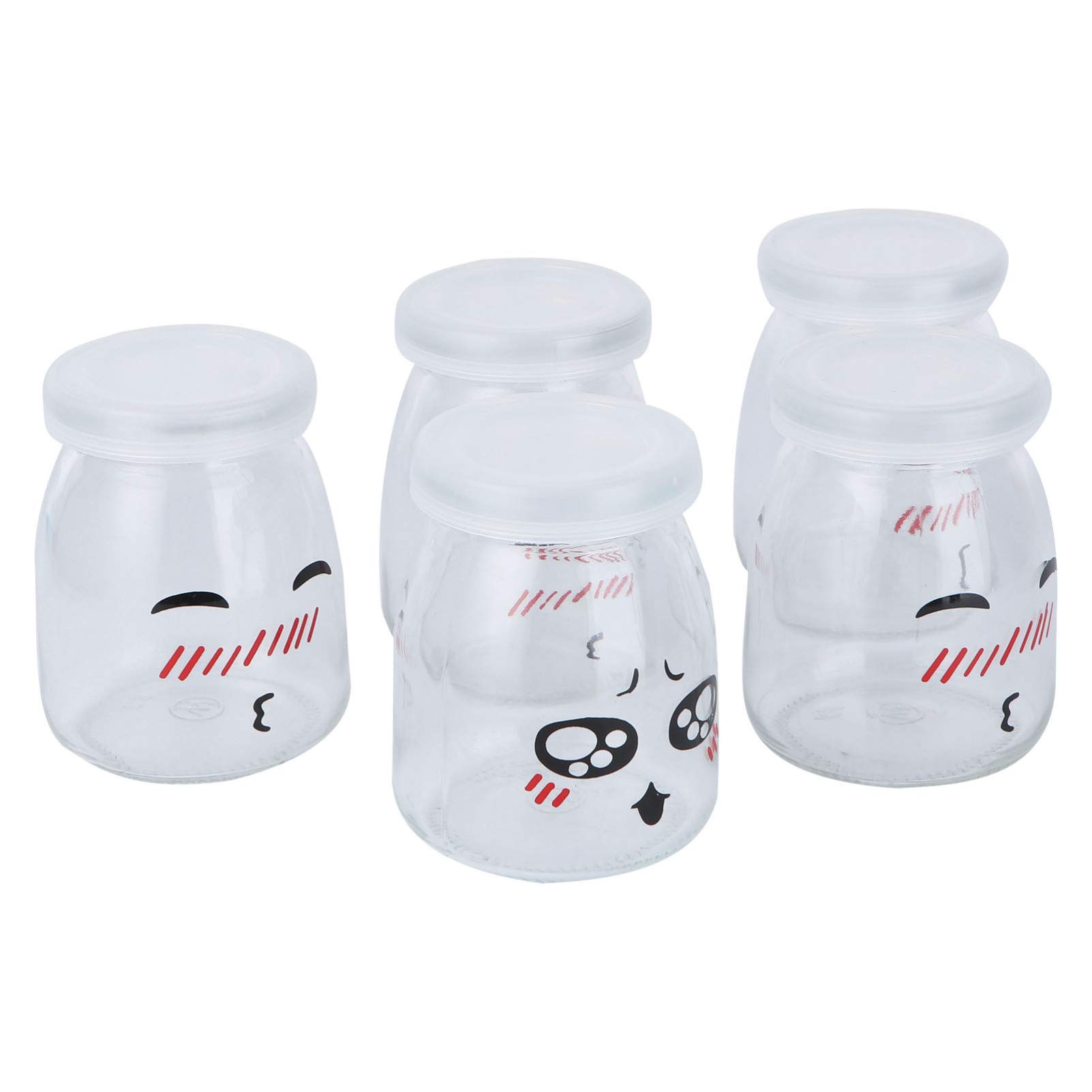 Cabilock 5-Pack 150ml Heat-Resistant Glass Yogurt Bottles with Lids - Reusable Pudding Jars, Milk Cups & Dessert Containers for Homemade Yogurt, Jelly, Mousse (Random Patterns) - Perfect for Kitchen Storage, Meal Prep & Party Serving