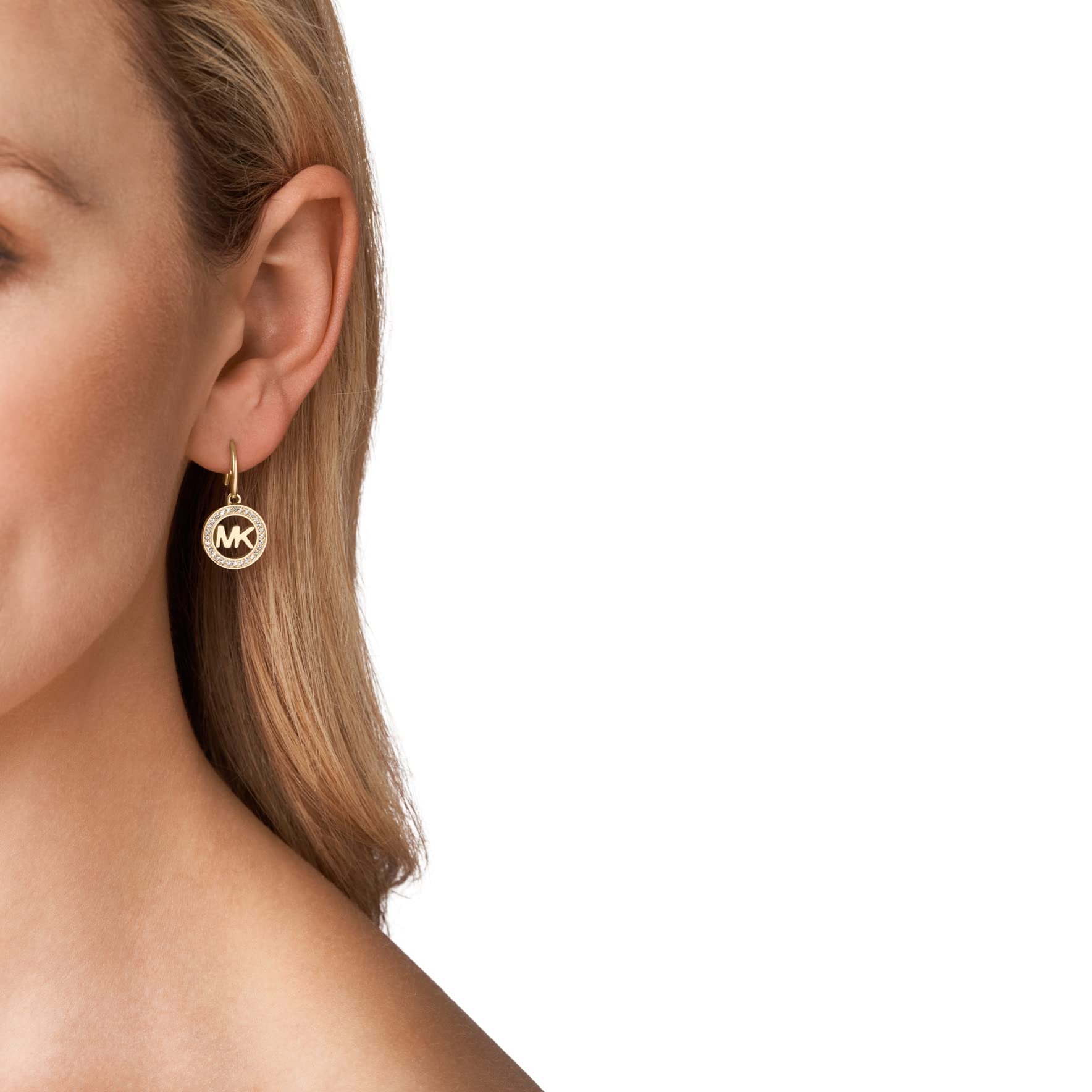 Michael Kors Women's MK Logo Stud Earrings - Brass & Pavé Crystal Jewelry for Everyday Wear & Special Occasions