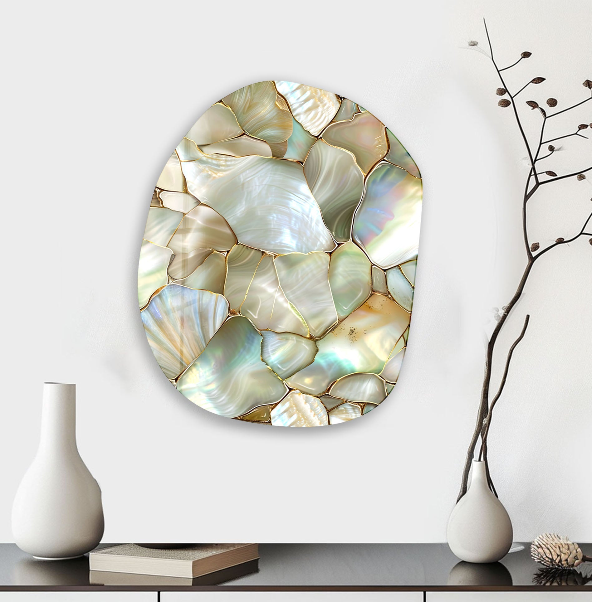 Abstract Pearlescent Decorative Glass Wall Art - Modern Iridescent Home Decor for Living Room, Bedroom & Office - Elegant Handmade Wall Sculpture for Contemporary Interior Design