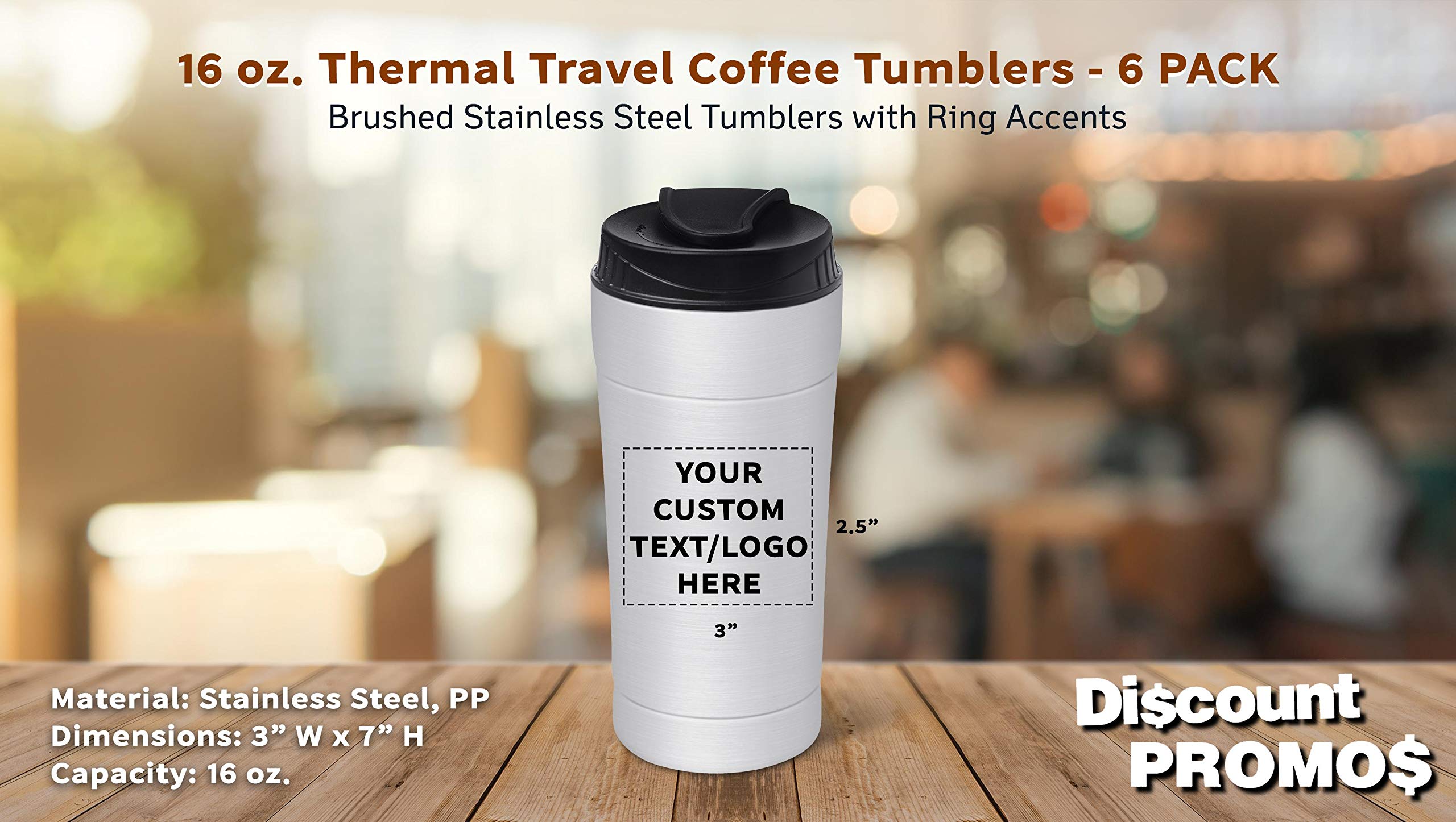 Custom 16 oz Insulated Travel Coffee Tumblers - 6 Pack with Personalized Text & Logo - Stainless Steel Silver - Perfect for Office, Gym & Outdoor Adventures