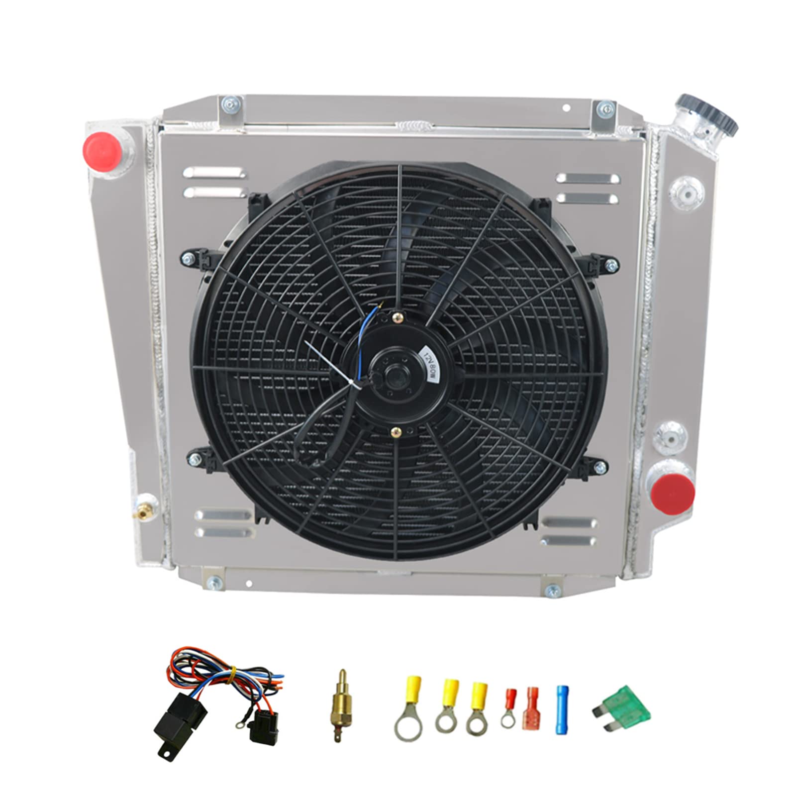 1968-1977 Ford Early Bronco Wagon Roadster 5.0L V8 3-Row Aluminum Radiator with Shroud Fan & Thermostat Relay Kit - High Performance Cooling System for Off-Roading, Towing & Hot Weather Driving