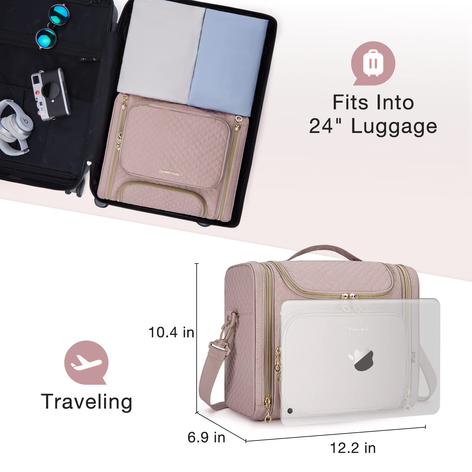 BAGSMART Large Hanging Travel Toiletry Bag for Women - Waterproof Cosmetic Makeup Organizer with Multiple Pockets for Full-Sized Toiletries, Pink - Perfect for Vacation, Business Trips & Gym Essentials