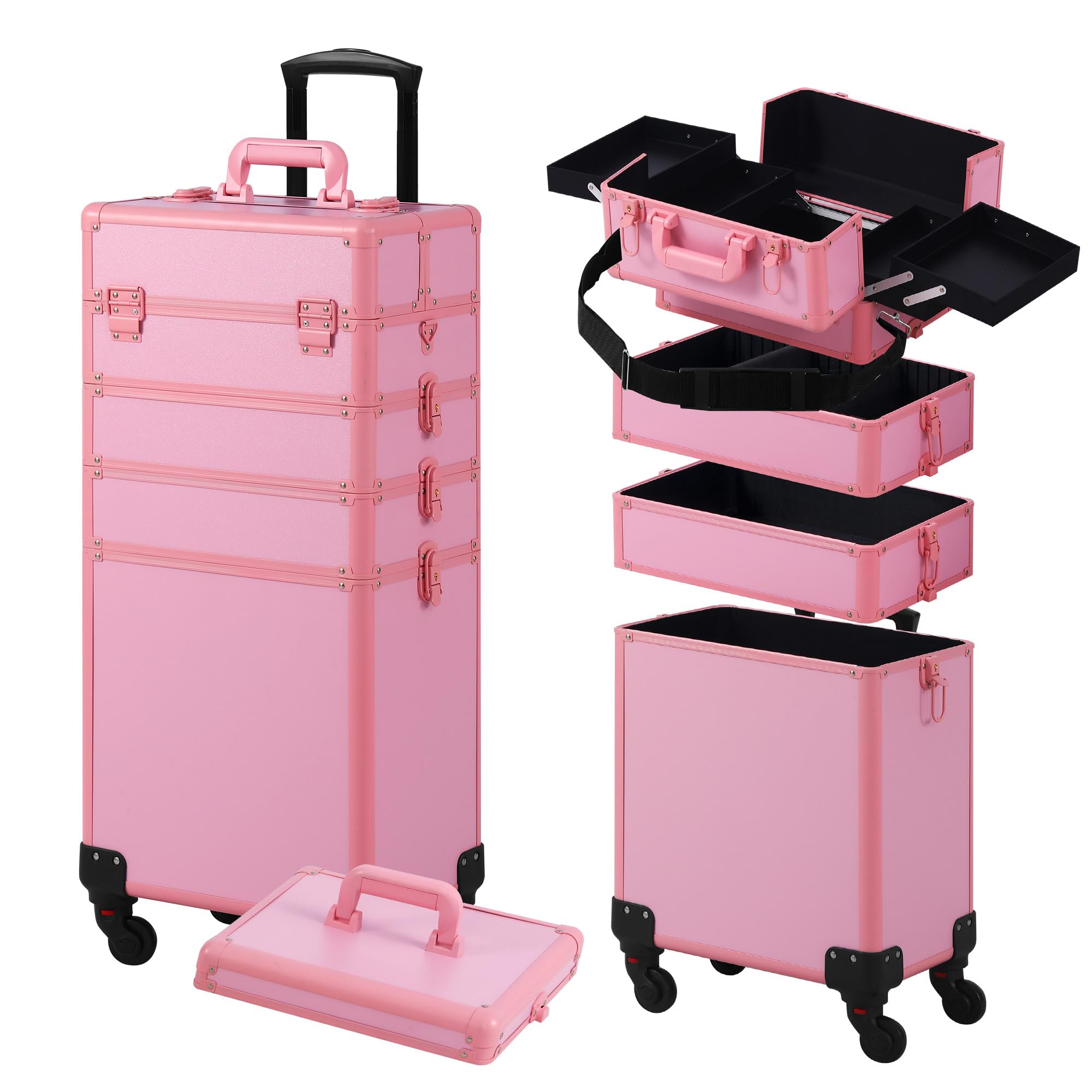 Professional Rolling Makeup Train Case with Lid - 5-in-1 Cosmetic Organizer on Wheels for Salon, Barber & Travel | Large Pink Cosmetology Case | Perfect Christmas Gift for Makeup Artists & Stylists