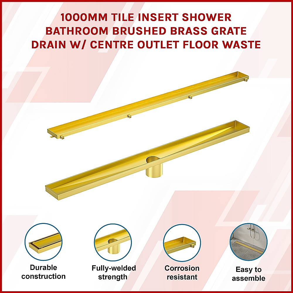 1000mm Brushed Brass Tile Insert Shower Drain with Center Outlet - Bathroom Floor Waste Grate for Modern & Luxury Showers - Perfect for Wet Rooms, Walk-In Showers, and Spa Bathrooms